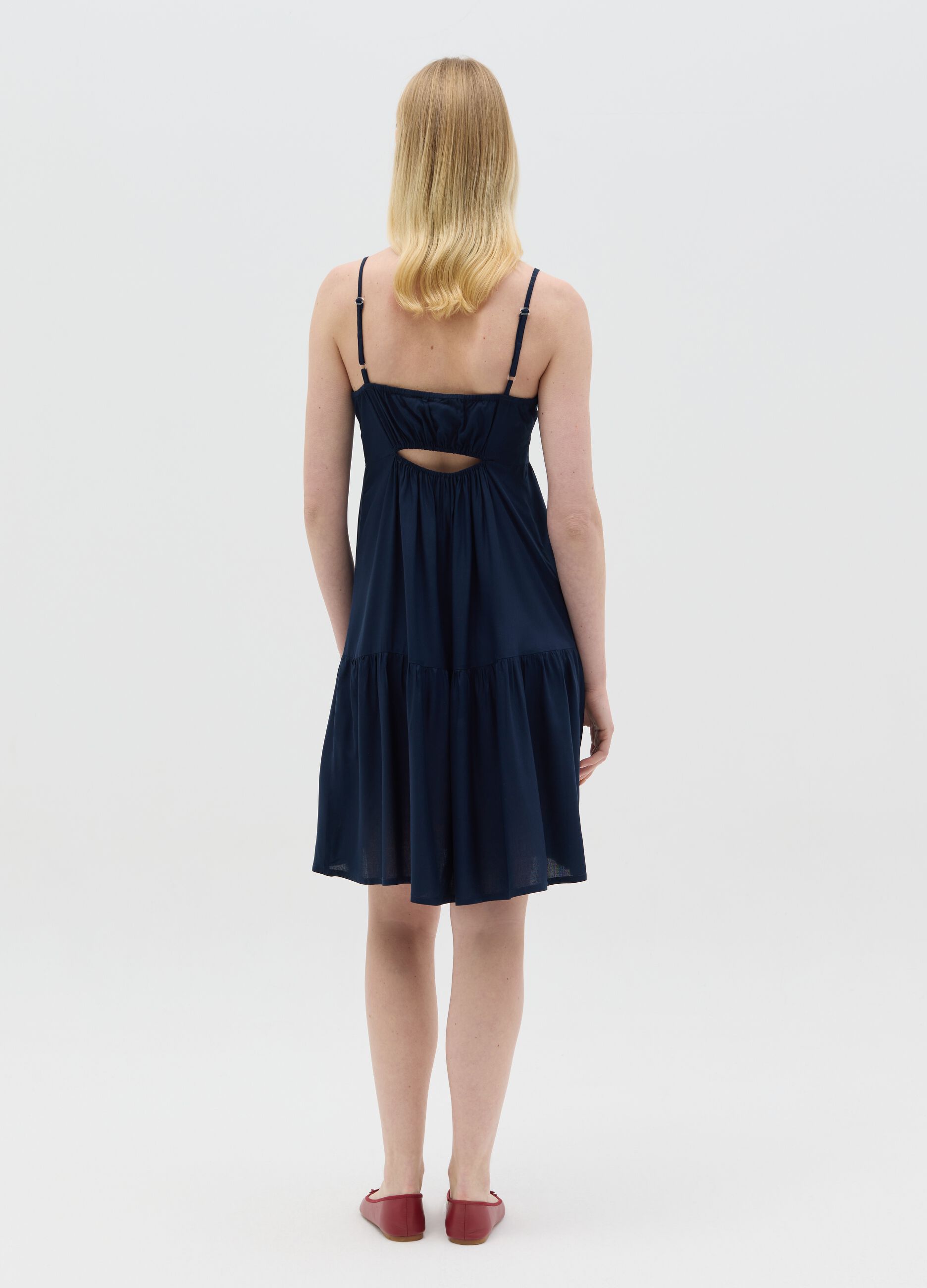 Blue viscose dress with V neck and flounce