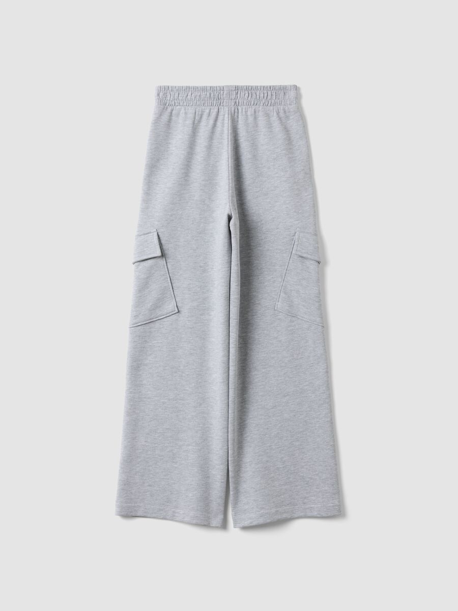 Pantaloni grigi in puro cotone wide leg con tasche cargo_1