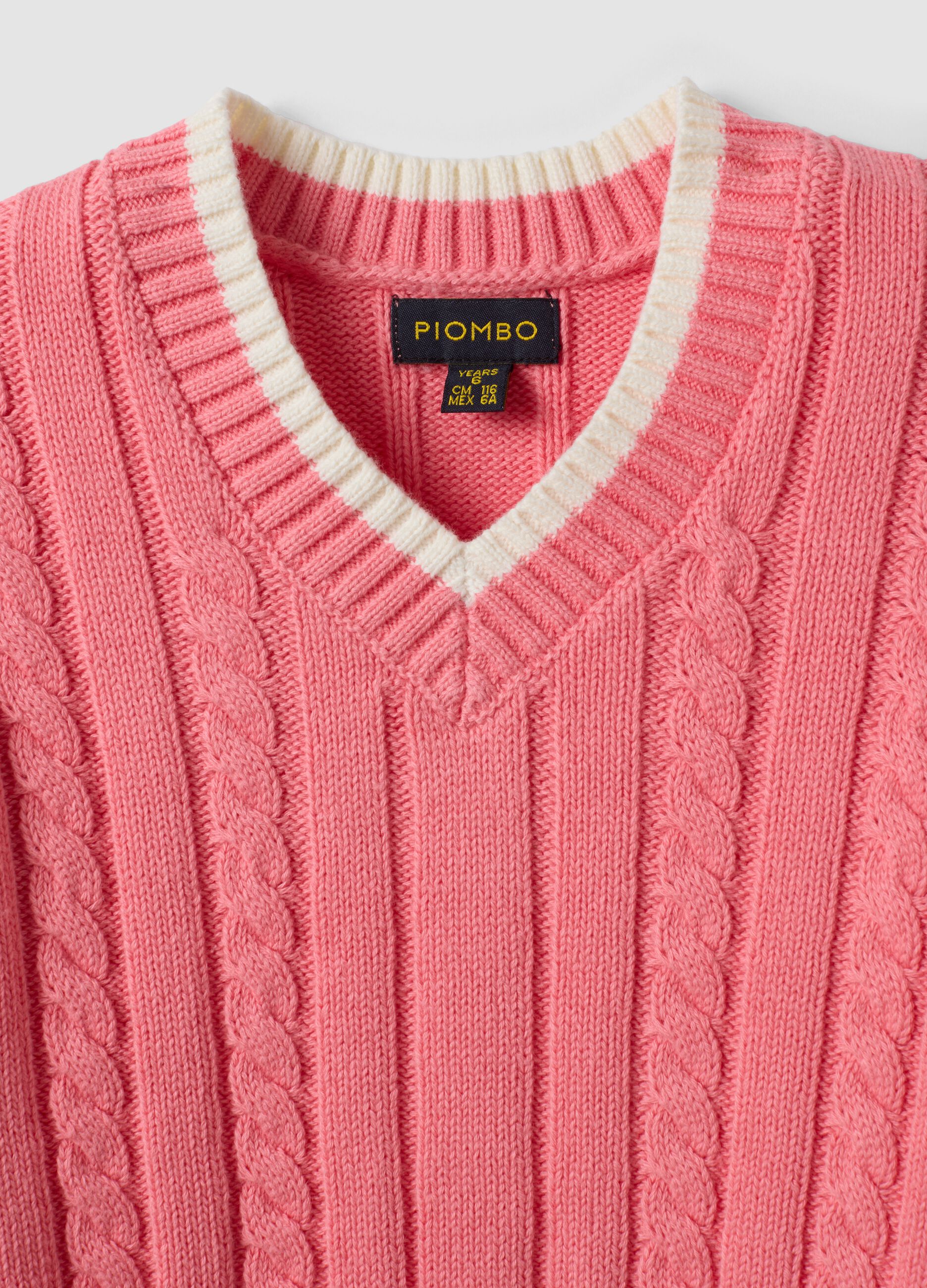 Maglia rosa in puro cotone a trecce con scollo a V per bambina
