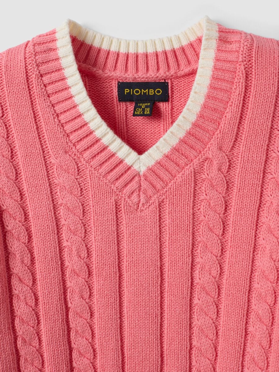 Maglia rosa in puro cotone a trecce con scollo a V per bambina_2