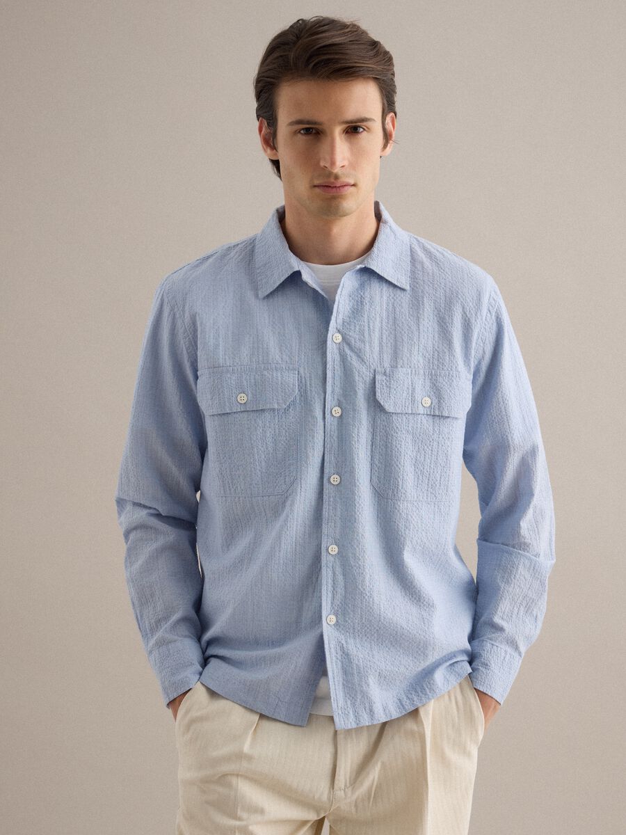 Blue stretch cotton long sleeve shirt regular fit_0