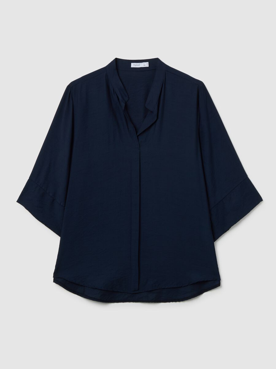 Blue Blouse with V-Neck and Wide Sleeves_0