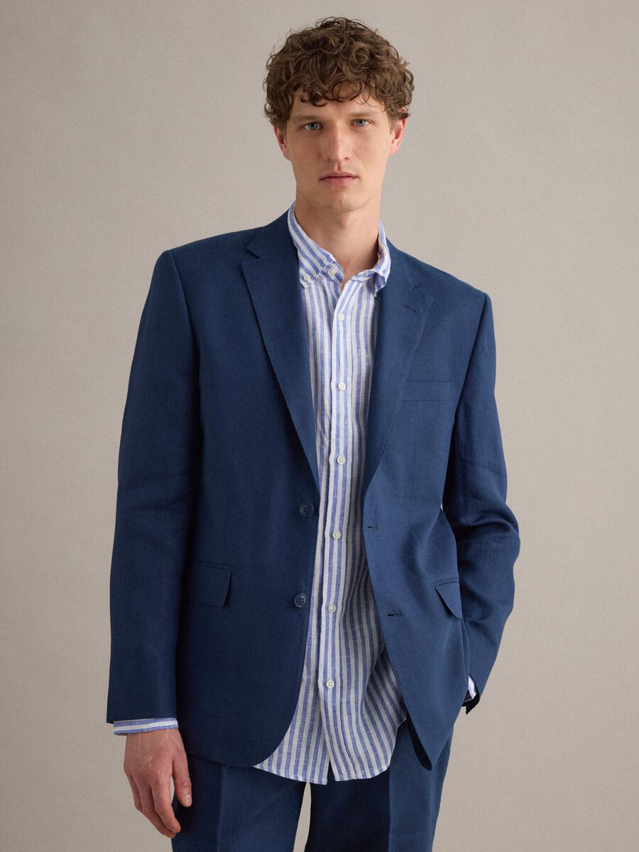 Blazer in puro lino blu slim fit_0