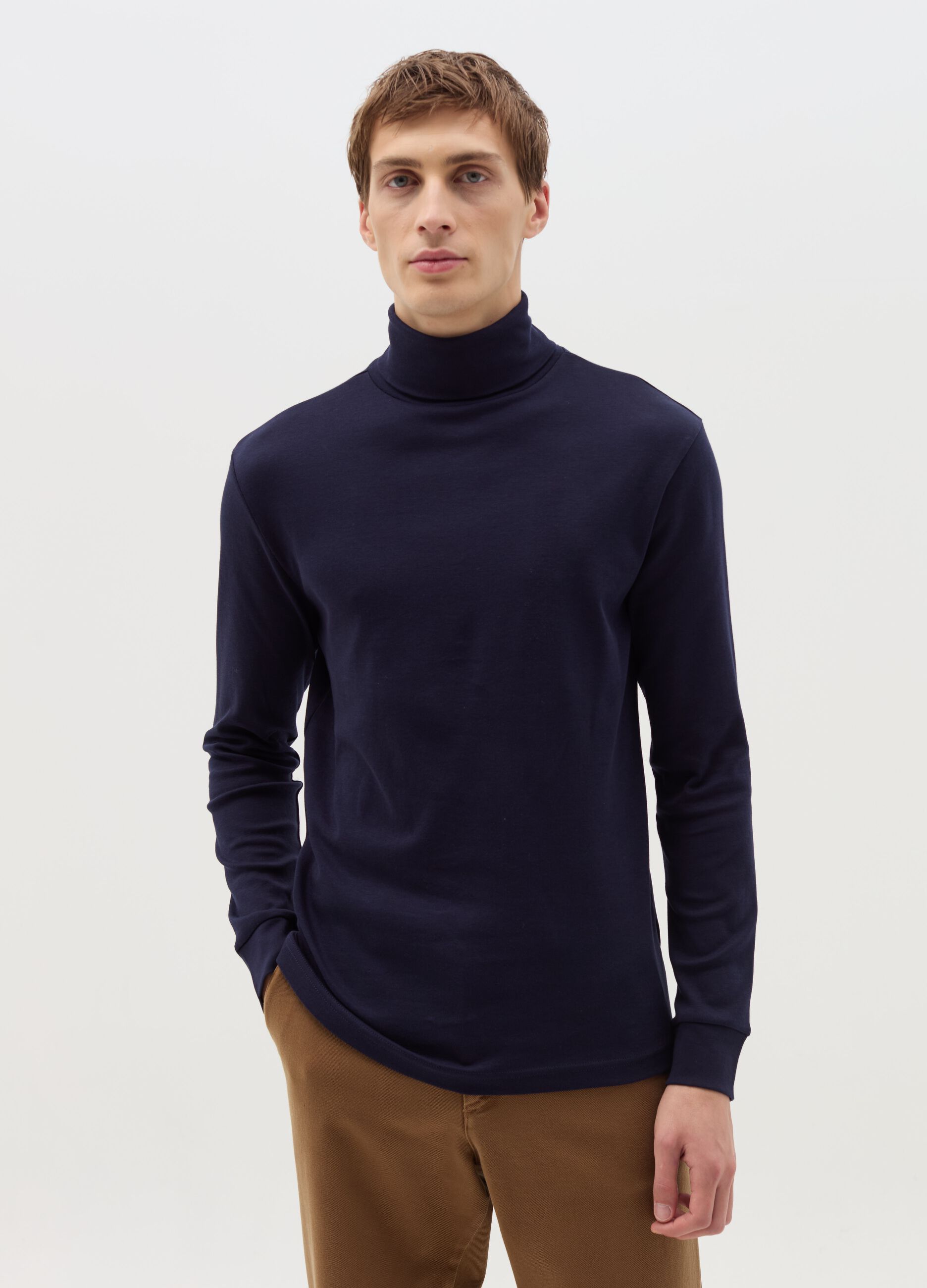 Interlock cotton T-shirt with high neck