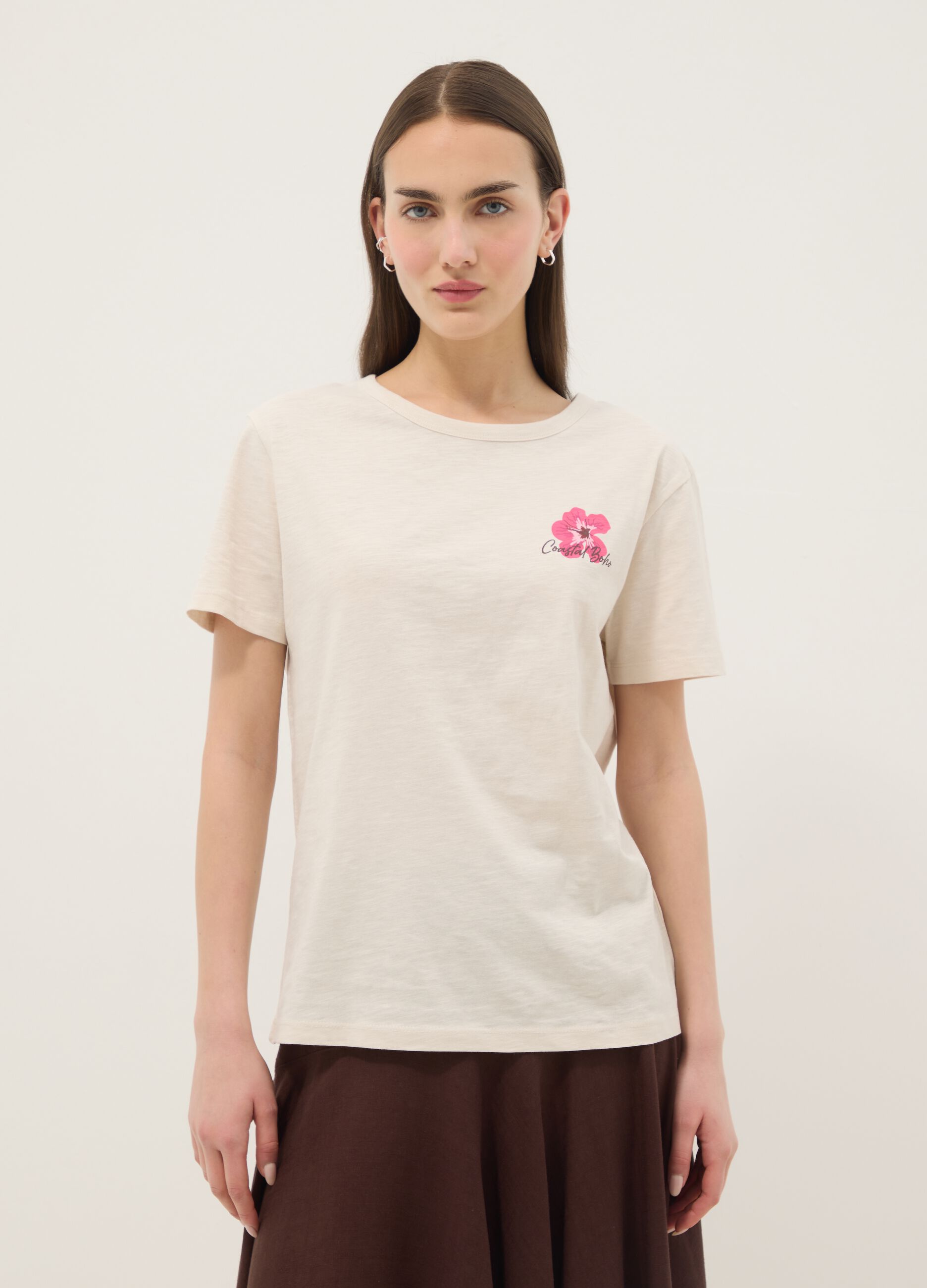 Beige pure cotton relaxed-fit T-shirt with floral print