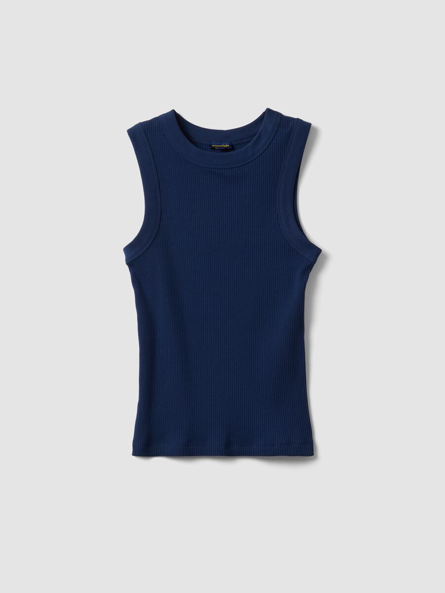 Blue fitted ribbed stretch-cotton tank top_4