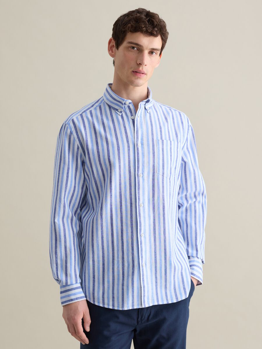Blue and white striped shirt in linen and cotton_0