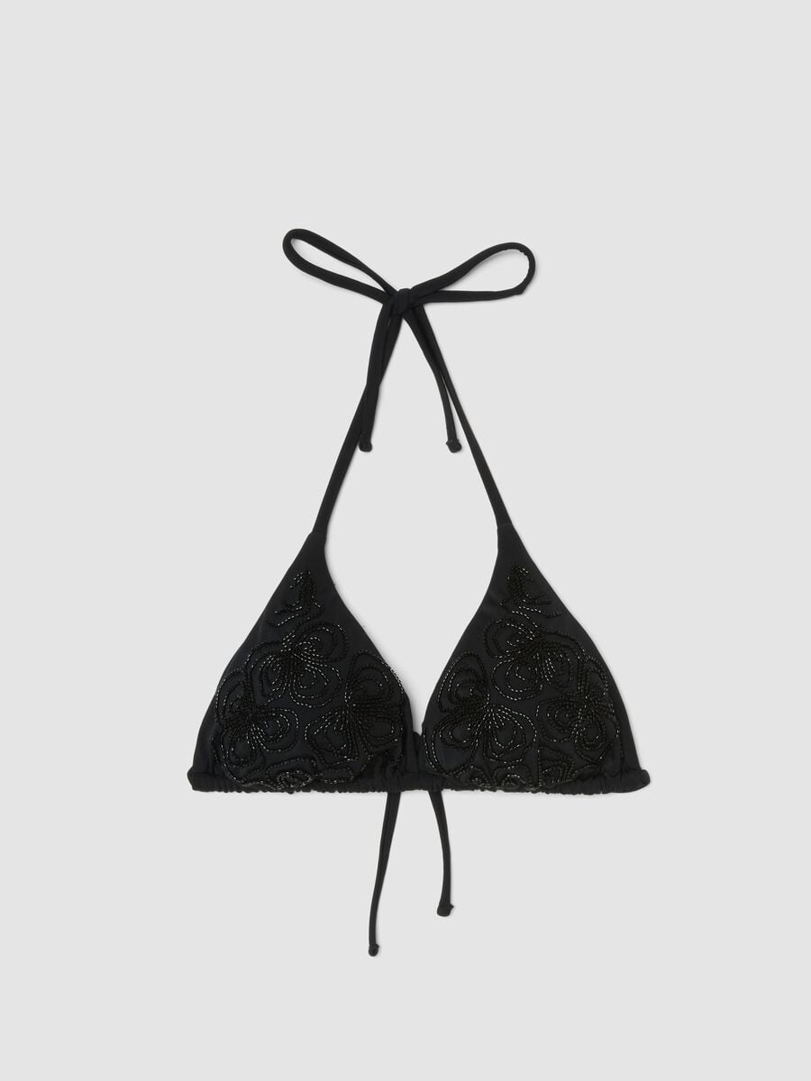 Black stretch triangle bikini top with beaded details_5