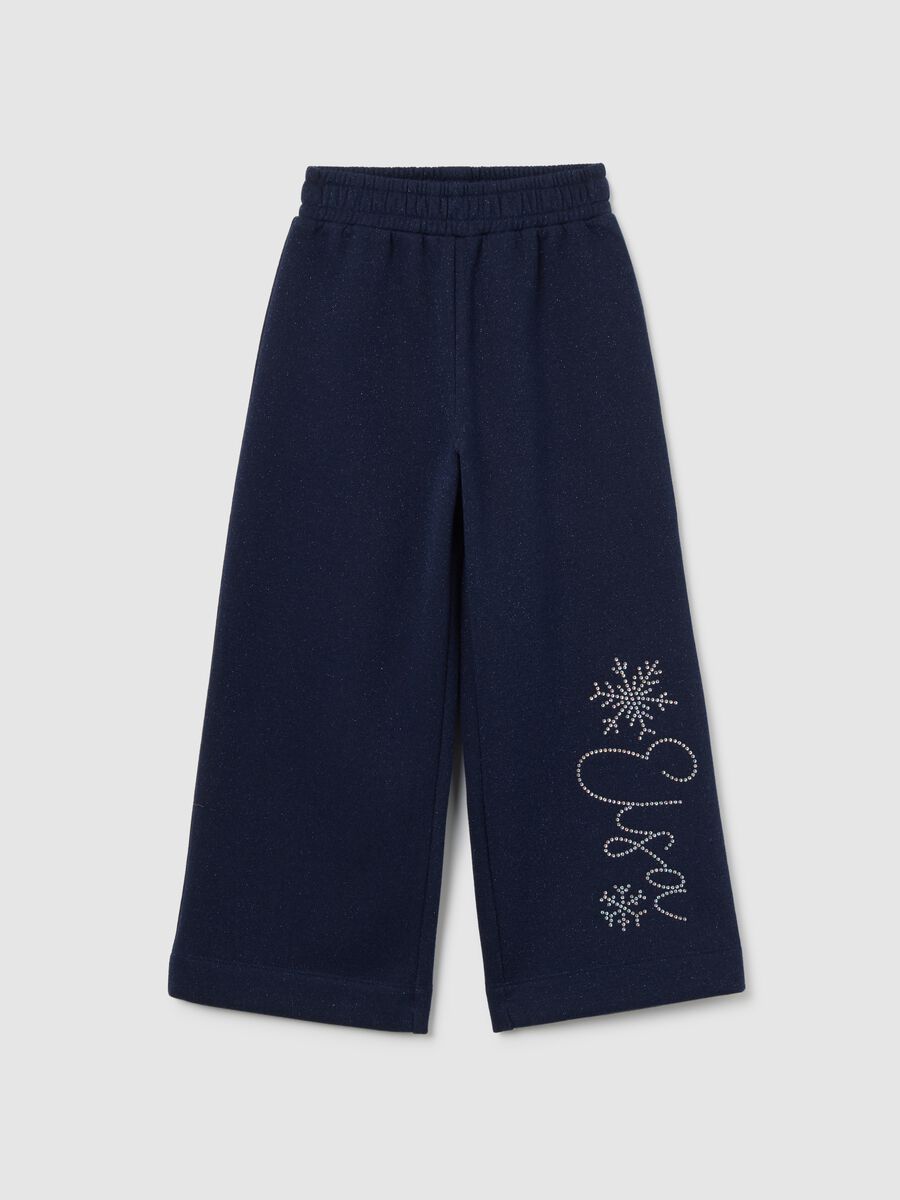 Girls' Blue Cotton Blend Wide Leg Joggers with Rhinestones_0