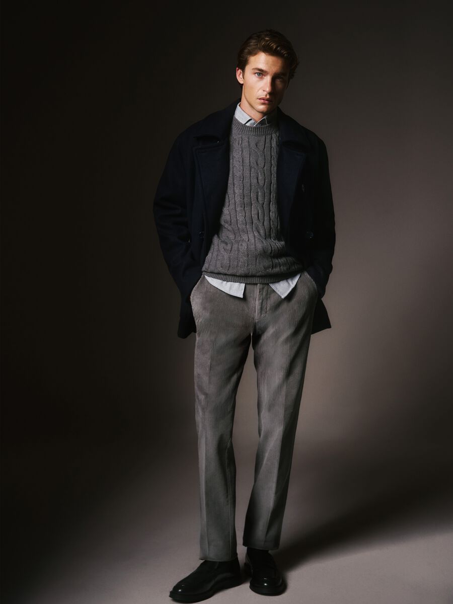 Grey Crew Neck Pullover Regular Fit with Cable Knit_0