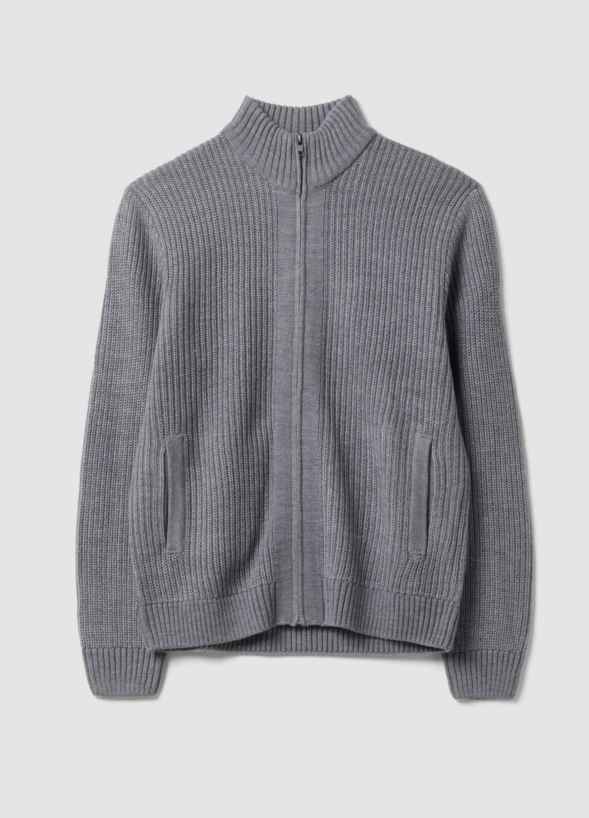 Grey rib-knit cardigan with collar and zip, regular fit