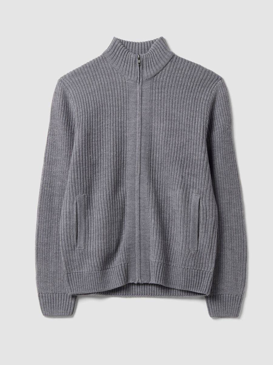 Grey rib-knit cardigan with collar and zip, regular fit_0