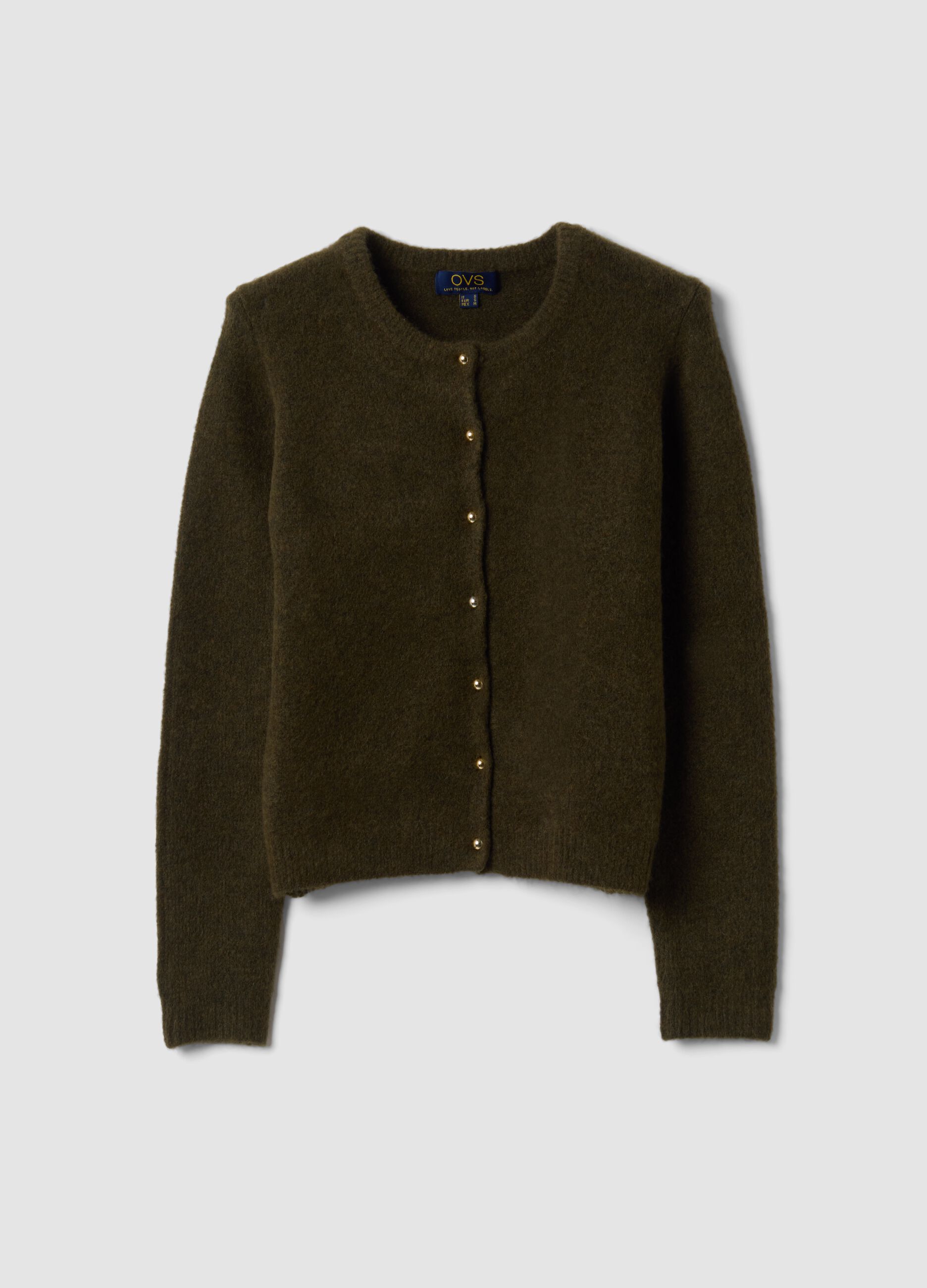 Green stretch-wool crew-neck cardigan, regular fit