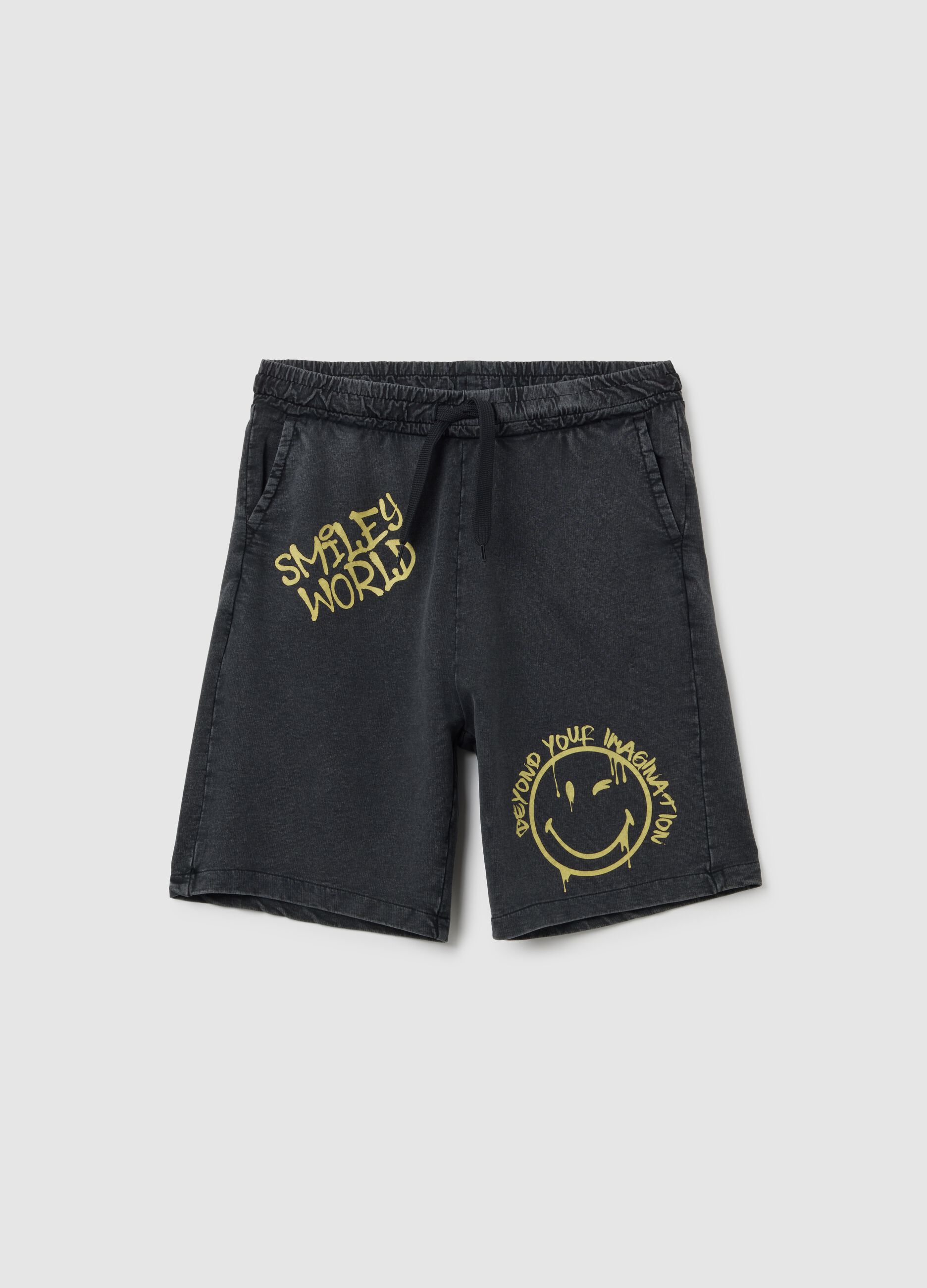 Boys' black pure cotton shorts regular fit with Smiley details