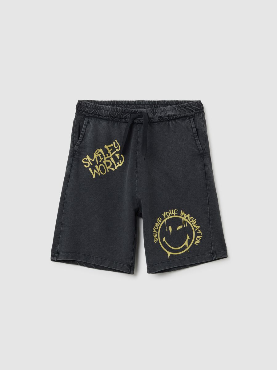 Shorts da ragazzo in puro cotone nero regular fit con dettagli Smiley_3