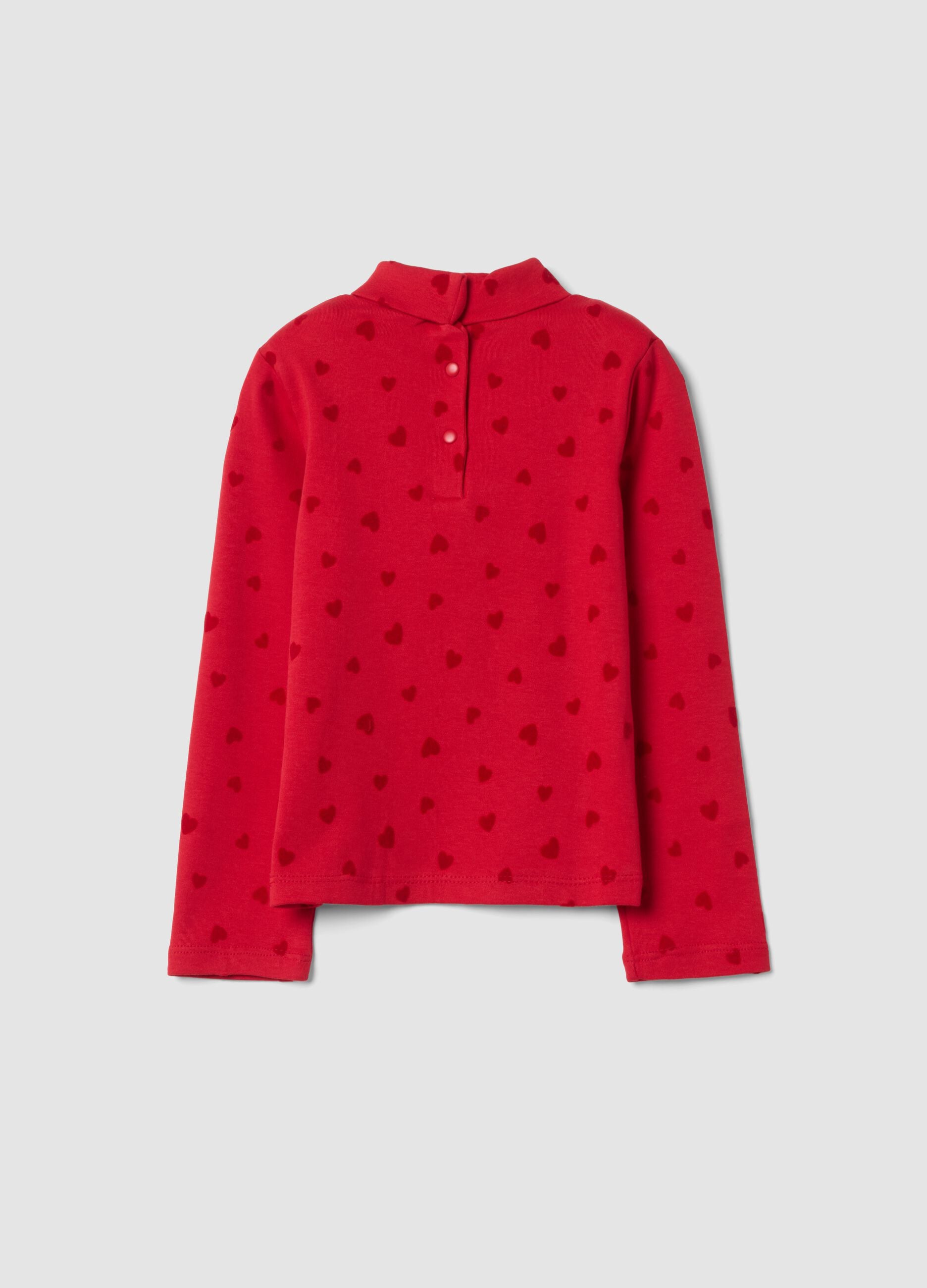 Red pure cotton roll-neck T-shirt with heart print