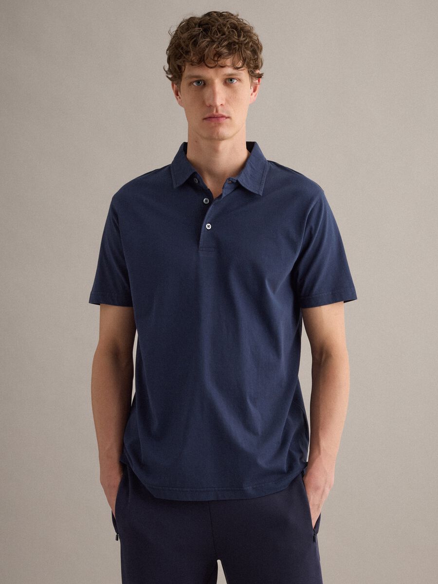 Polo blu a maniche corte in puro cotone regular fit_0