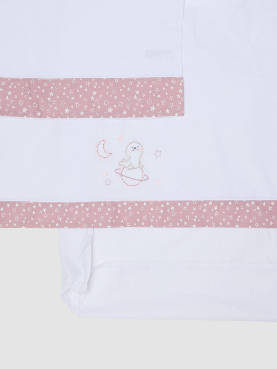 Lenzuolino bianco e rosa in puro cotone con stampa stelle per neonata_1