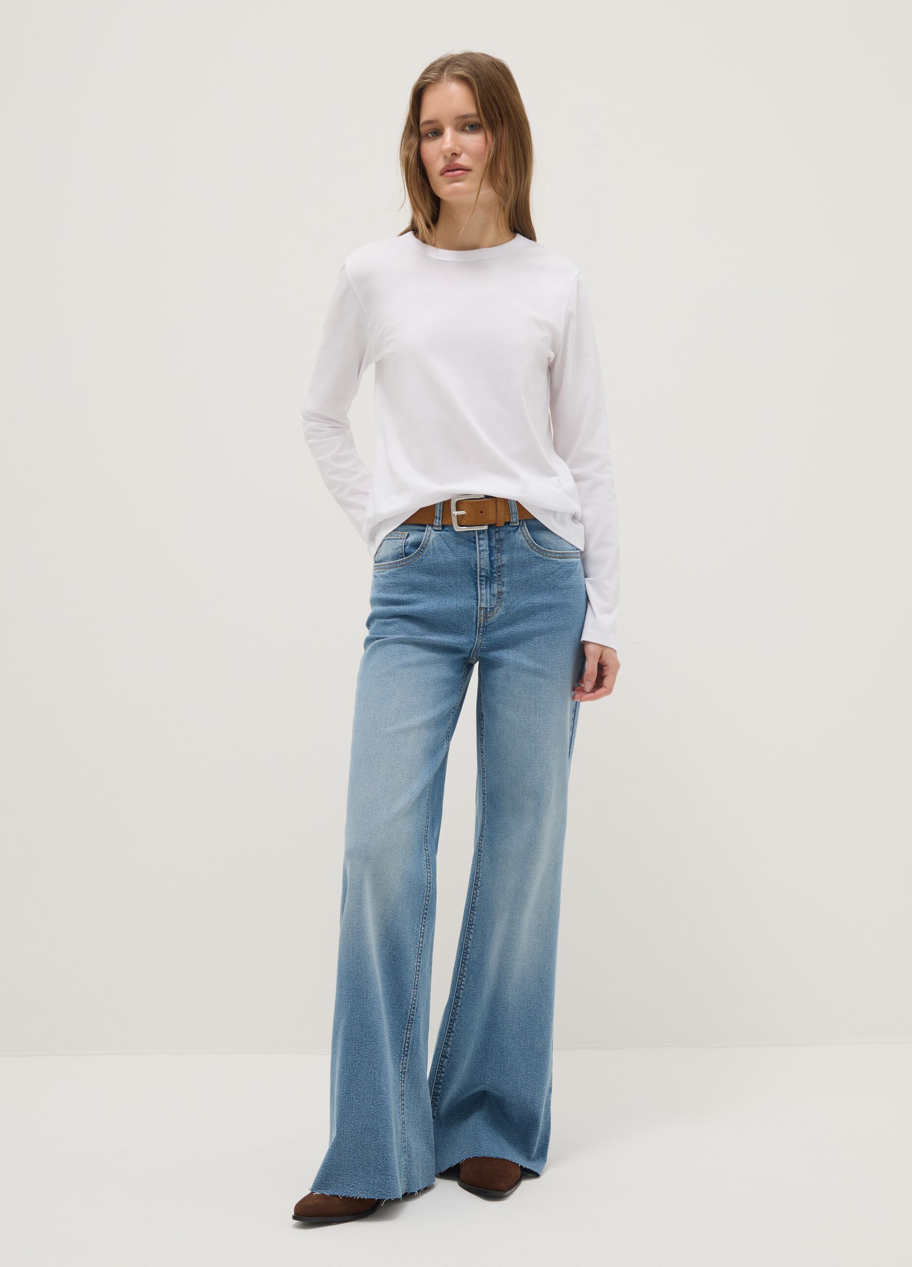 Wide leg blue stretch cotton jeans