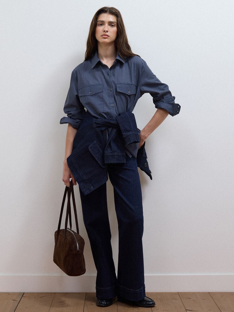 Camicia blu in misto cotone e lyocell a quadretti regular fit_1