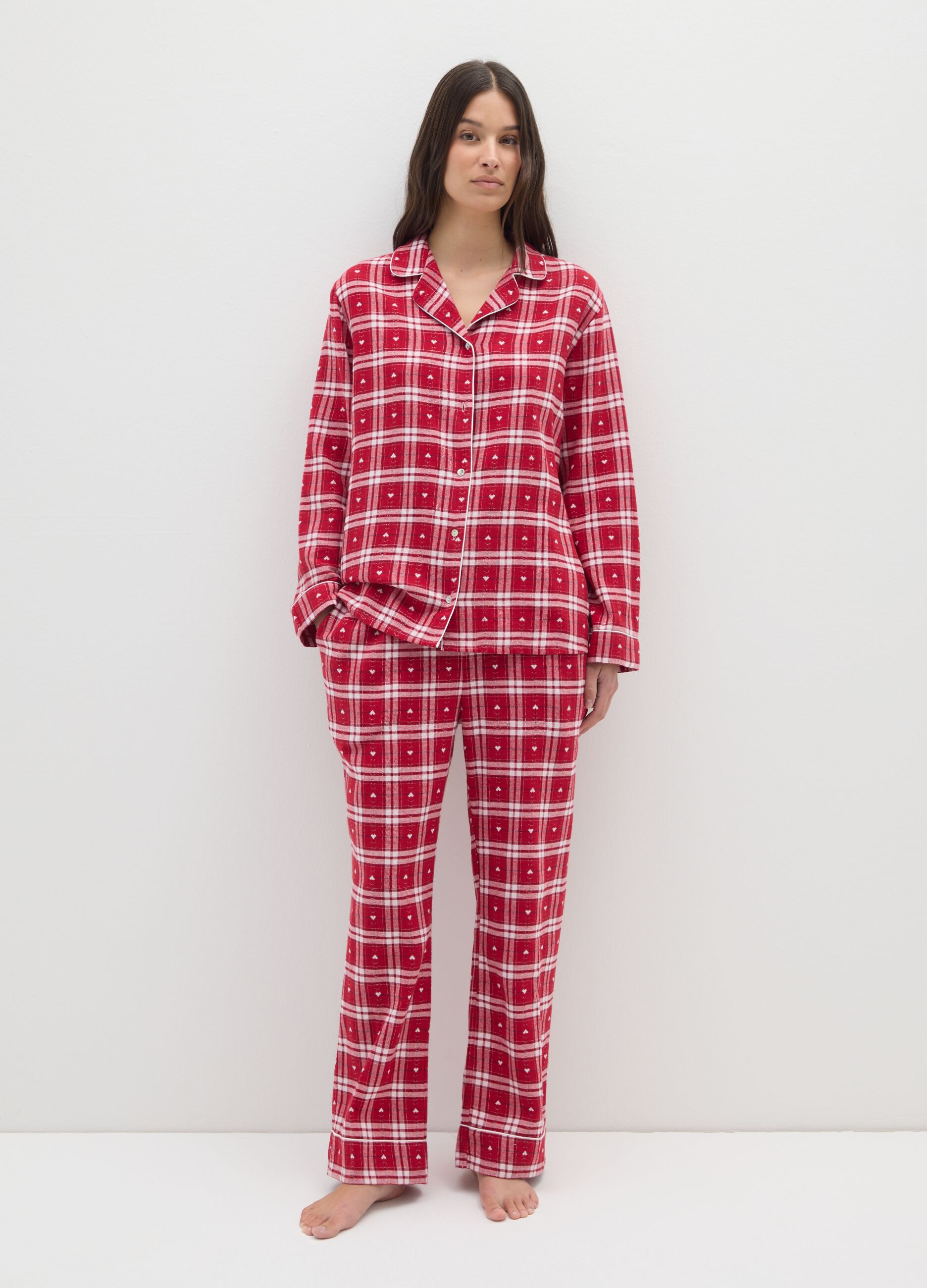 Red and white checked regular fit cotton blend pyjamas