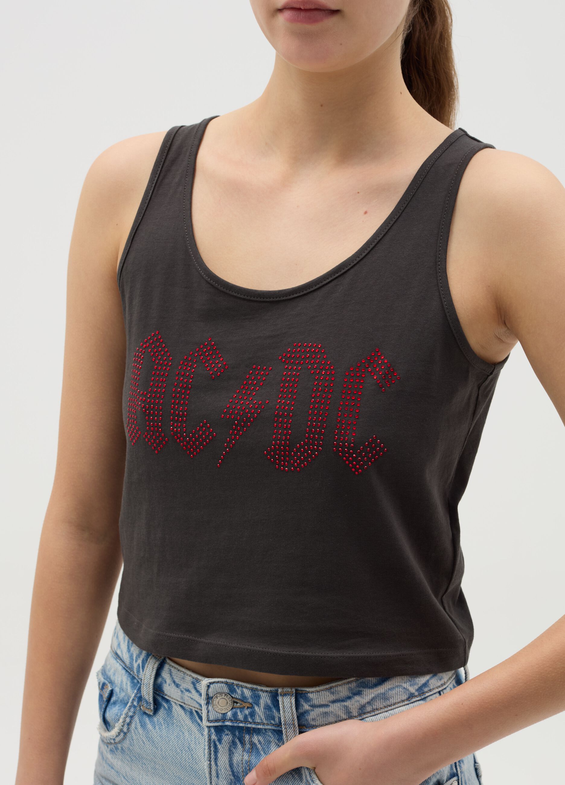 Tank top with AC/DC logo in diamantés