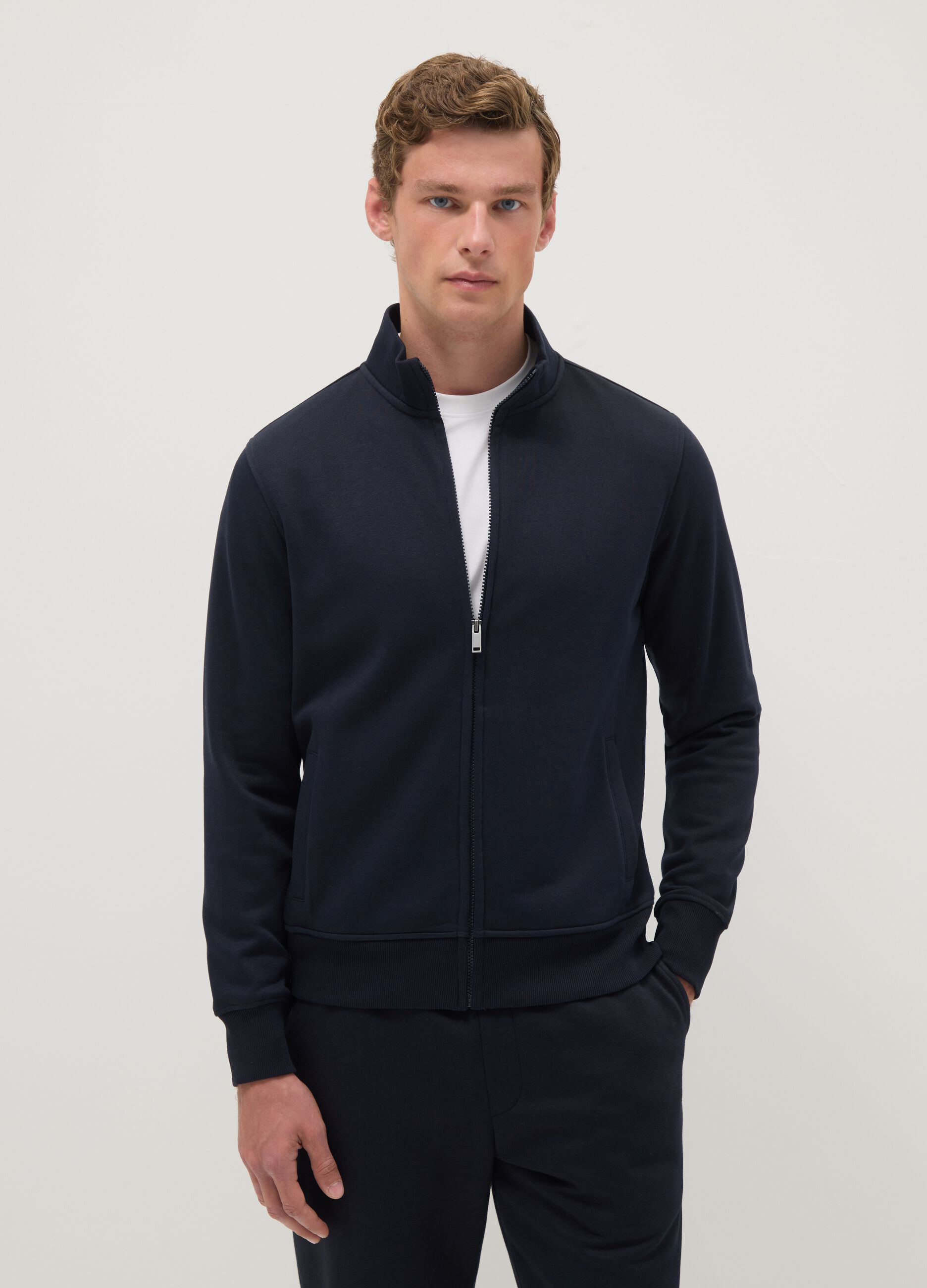 Blue cotton-blend sweatshirt regular fit with full zip