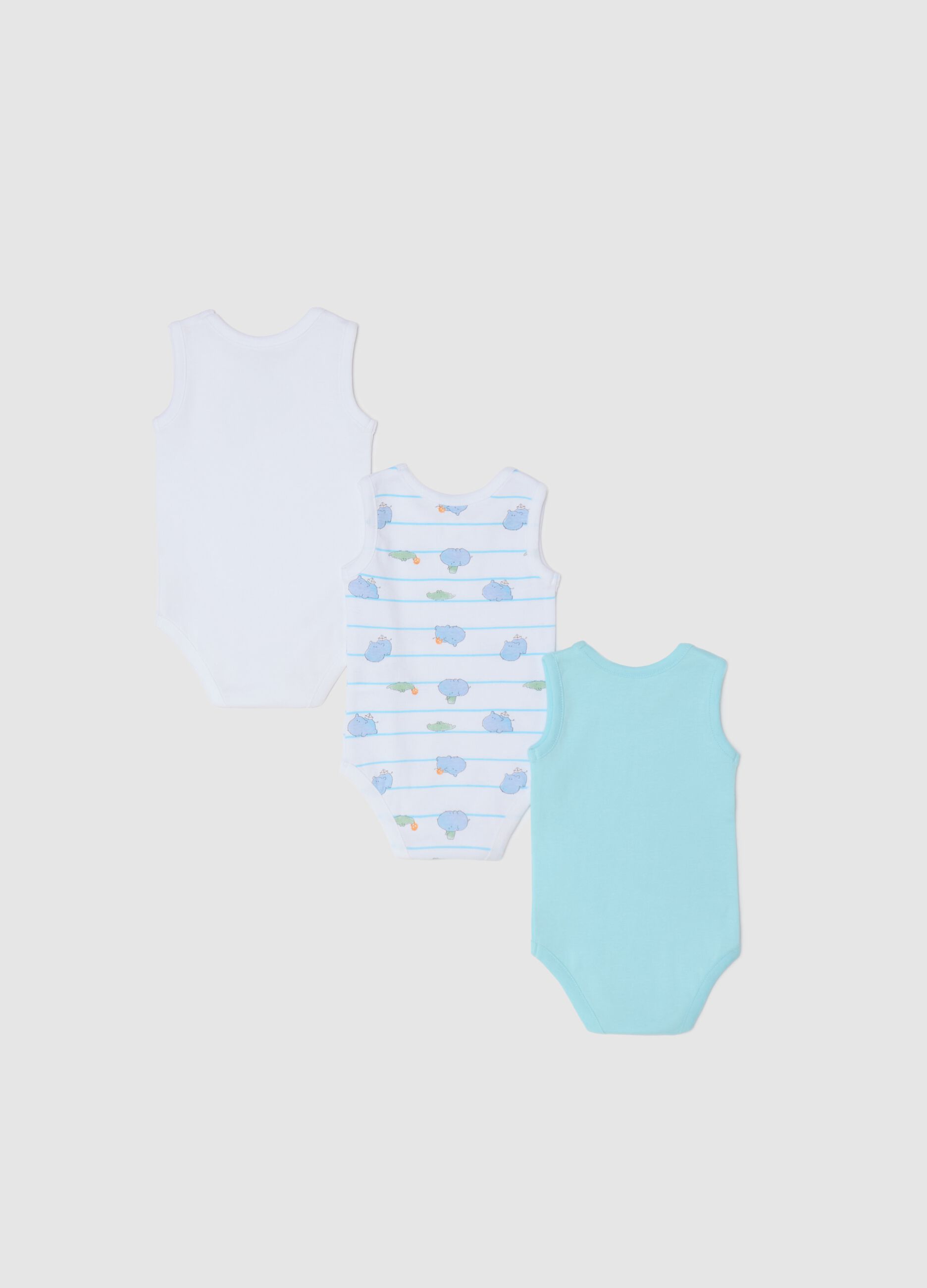 Three-pack white and light blue bodysuits in organic cotton with print