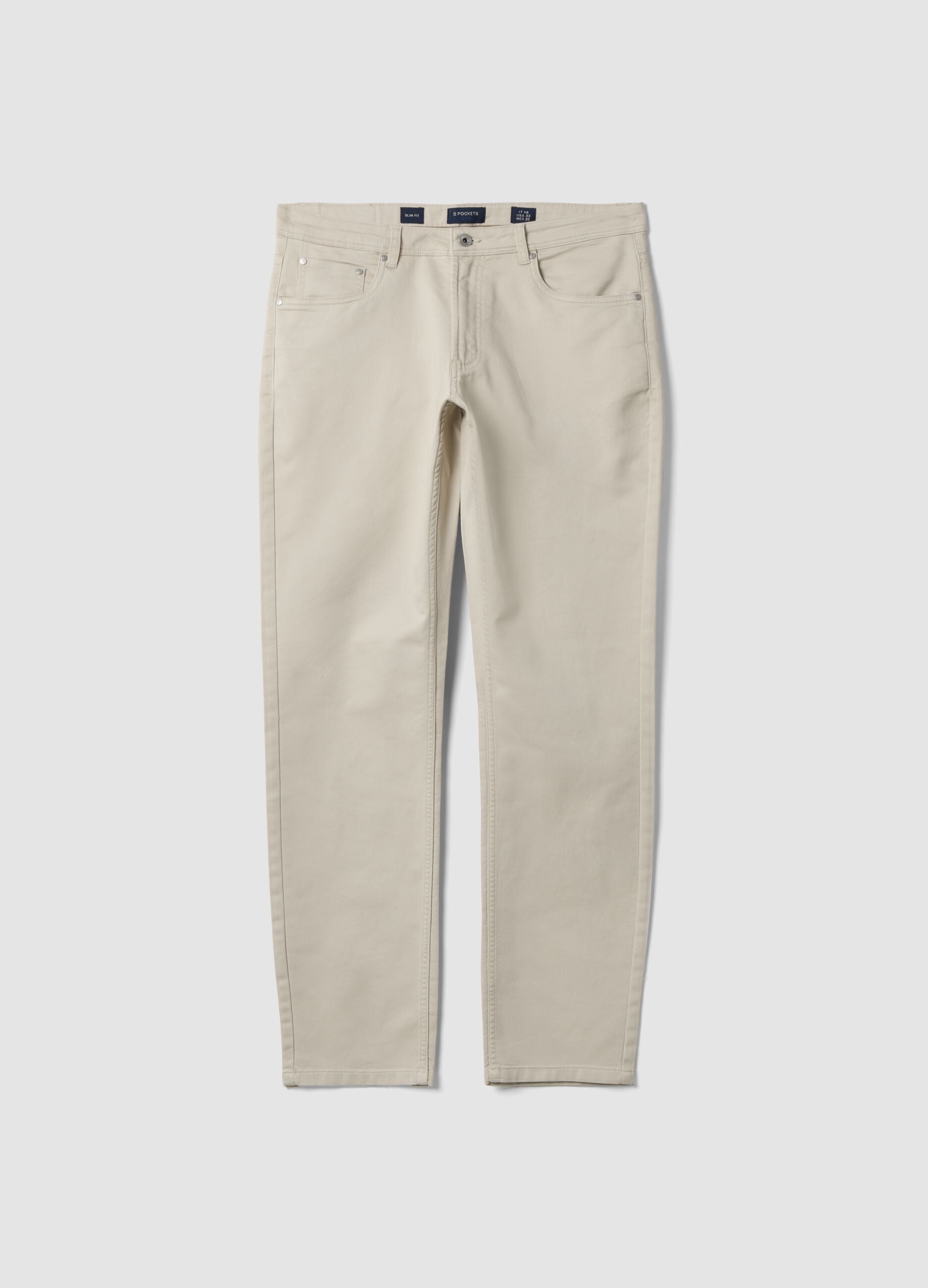 Pantaloni beige in dobby di cotone elasticizzato slim fit