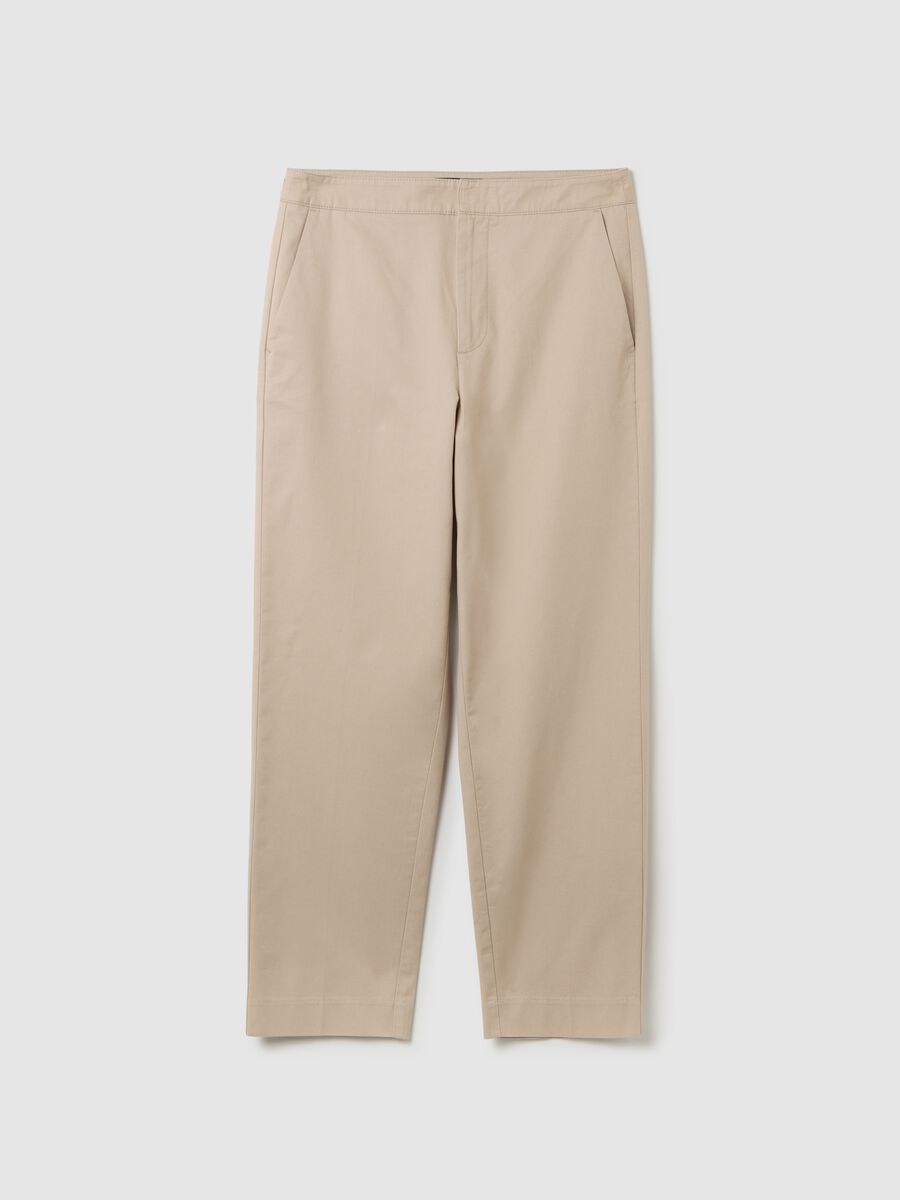 Women's beige regular fit pure cotton trousers with high waist_4