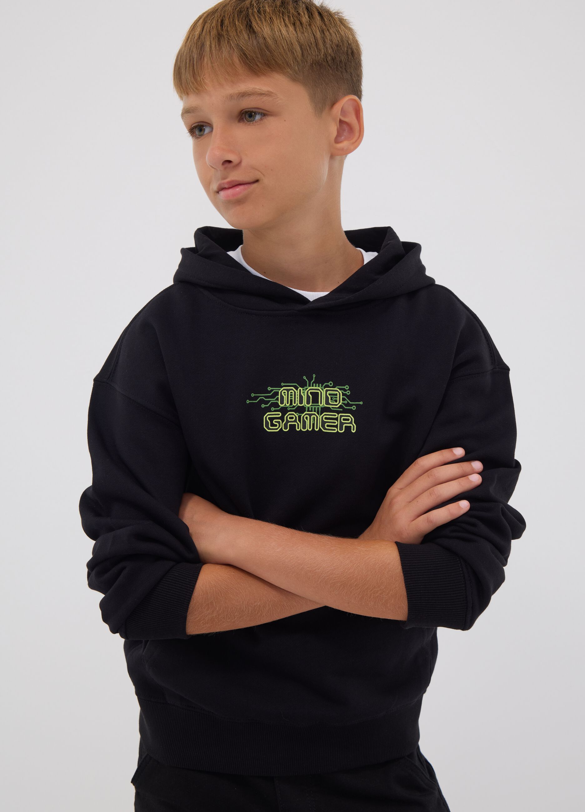 Black oversized pure cotton gaming hoodie for boys