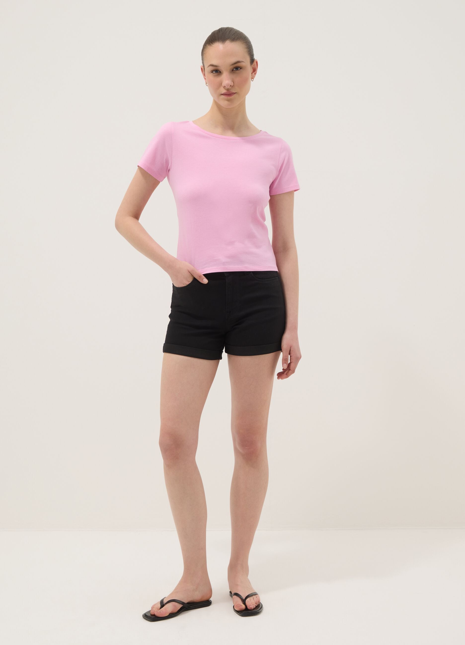 Pink pure cotton T-shirt with crew neck