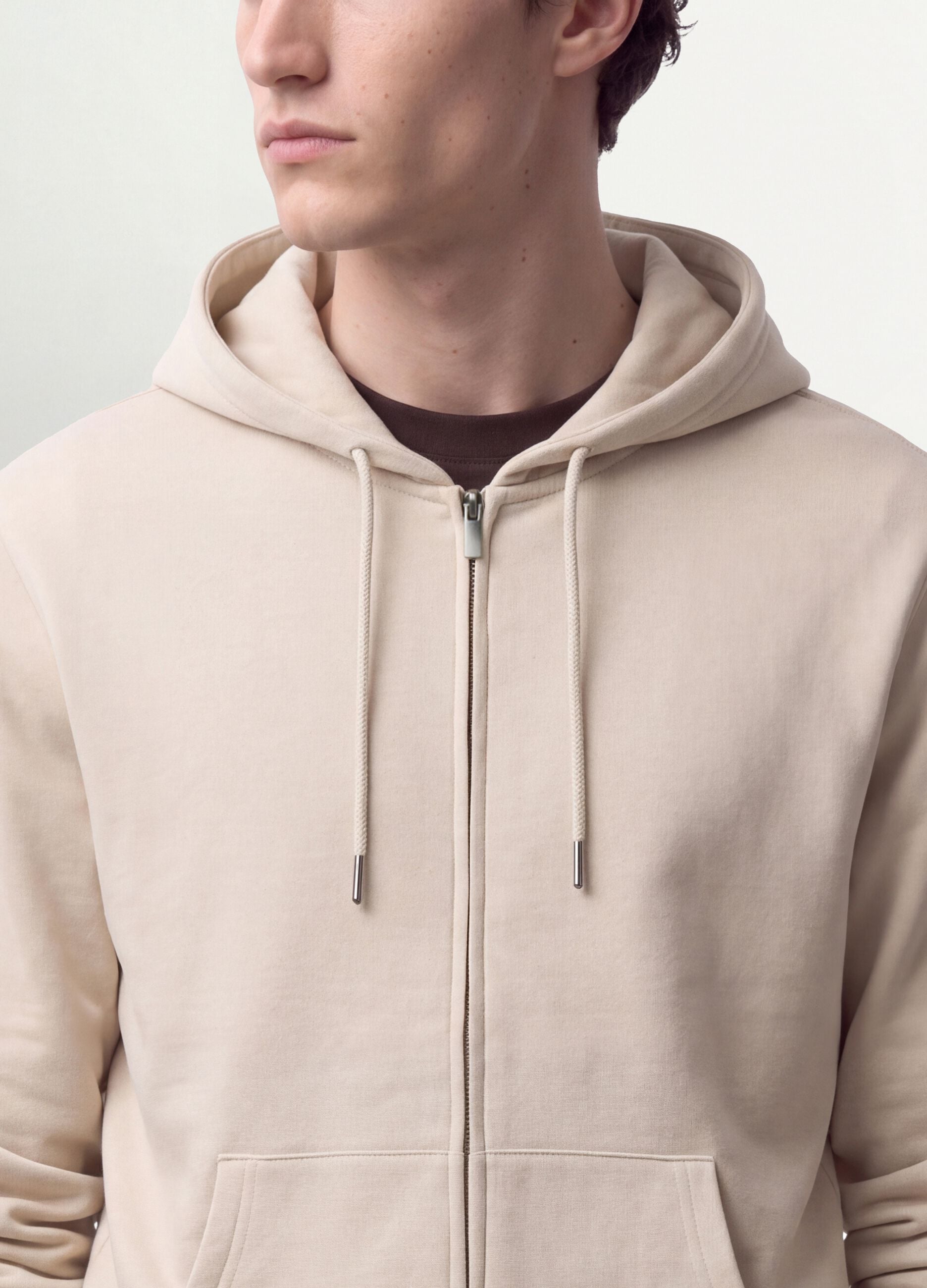 Beige full-zip cotton-blend hoodie, regular fit