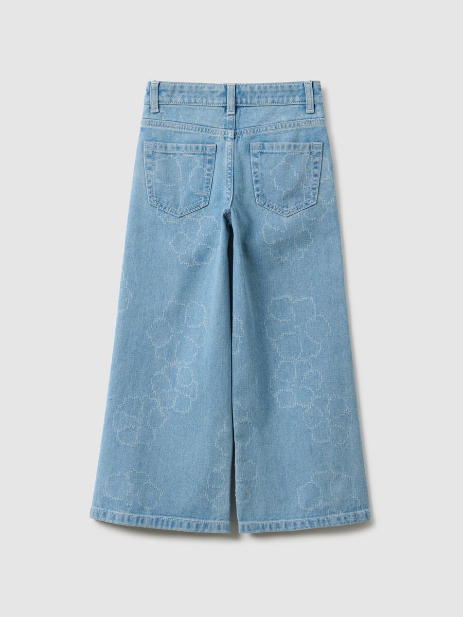 Girls' wide-leg light blue pure cotton jeans with floral print_1