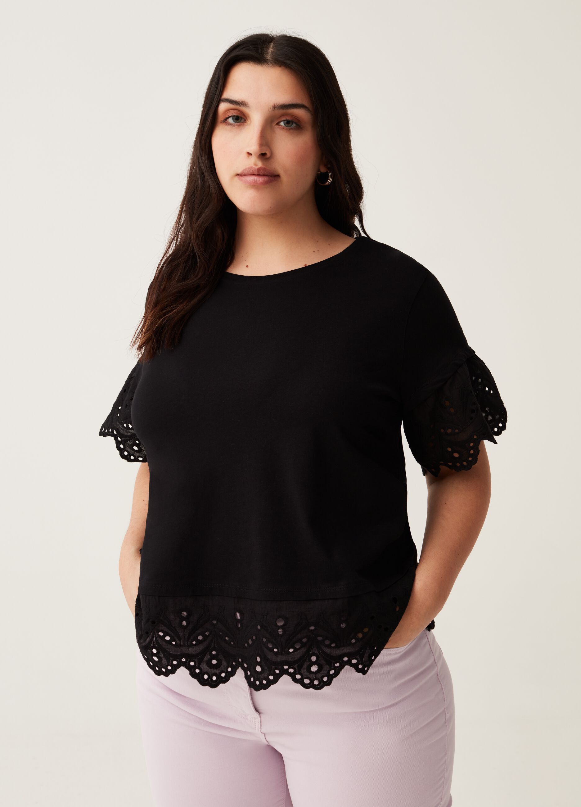 MYA Curvy T-shirt with broderie anglaise inserts