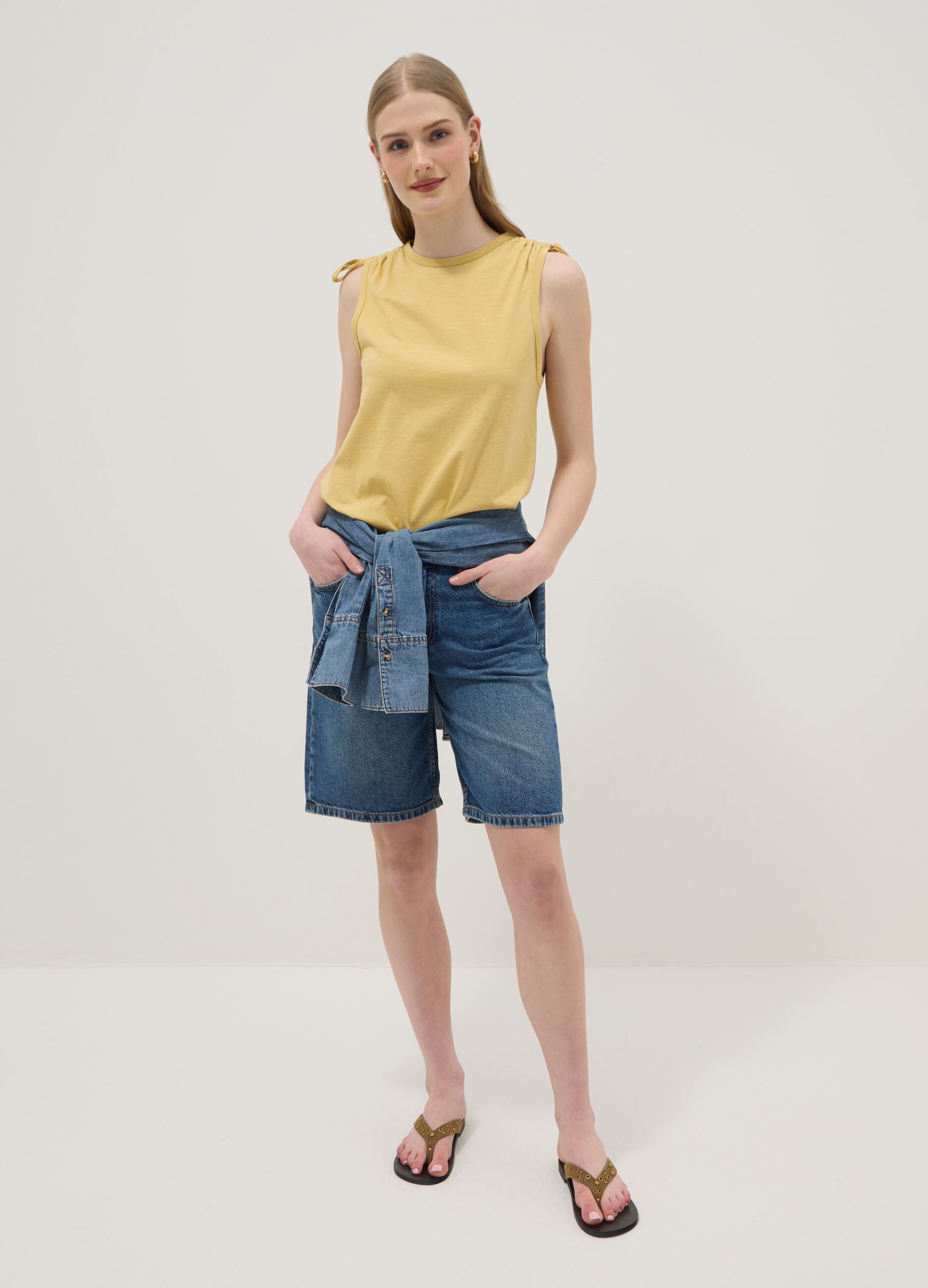 Yellow pure cotton tank top with shoulder ties