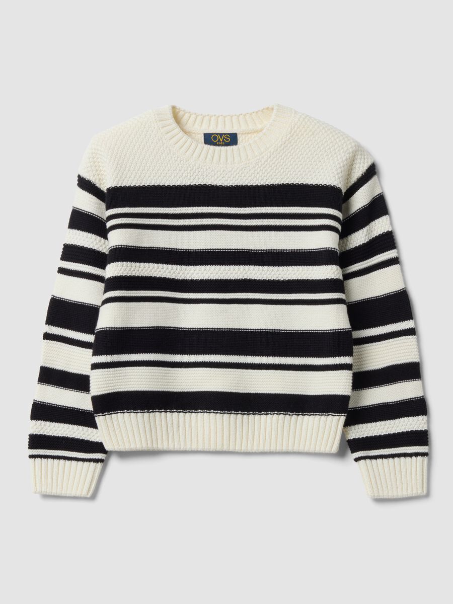 White striped cotton-blend crew-neck top for girls_0