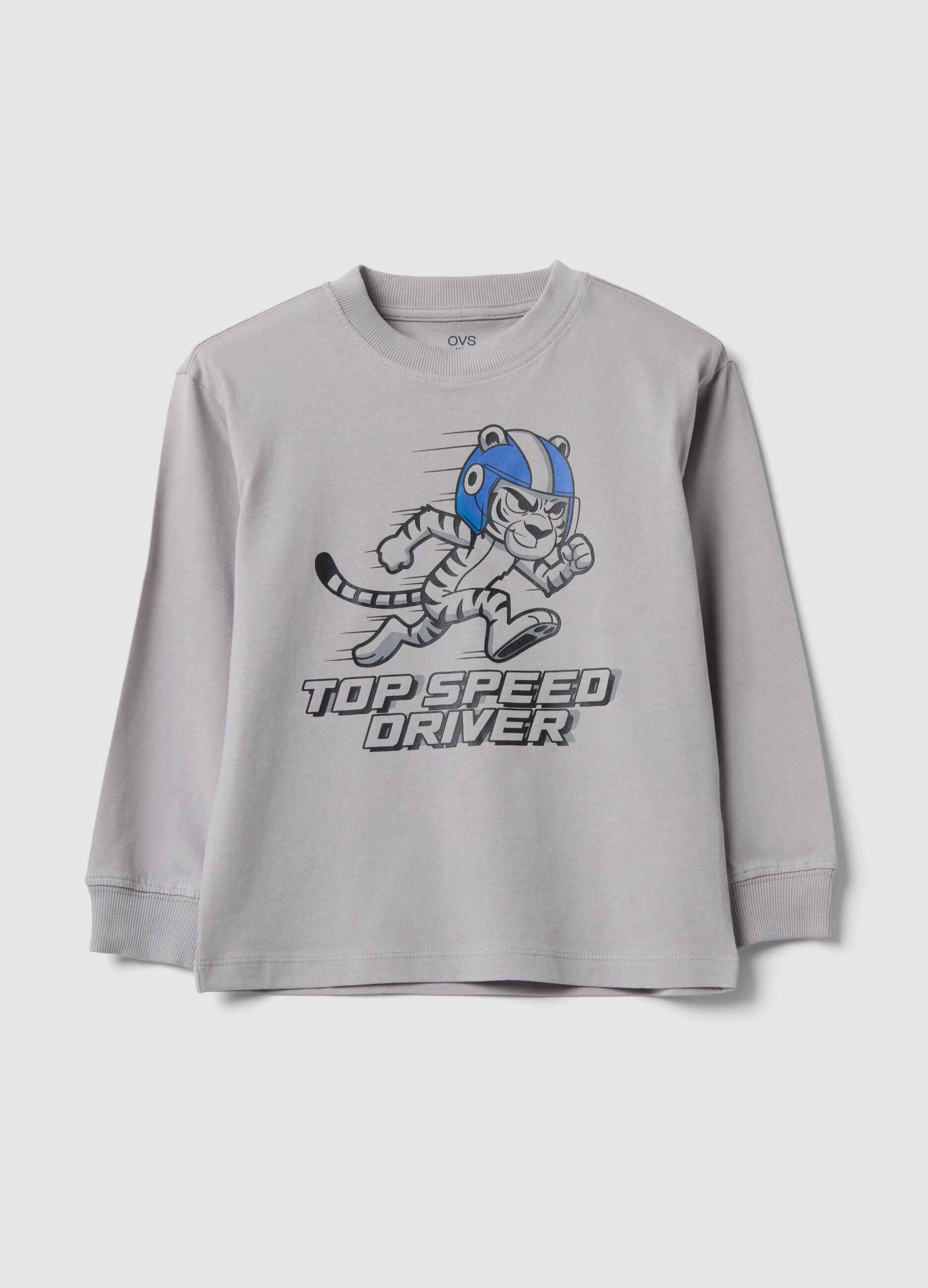T-shirt grigia in puro cotone con girocollo e stampa Top Speed Driver