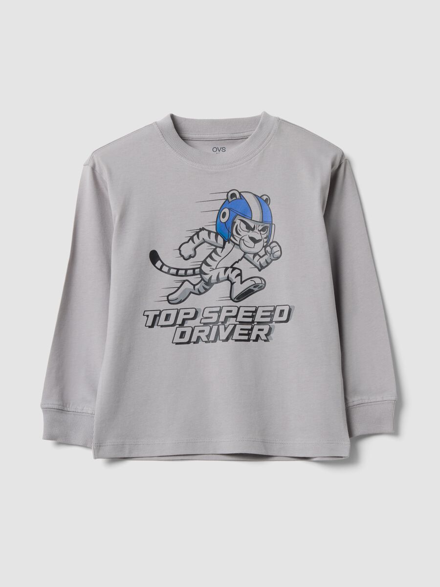 Grey pure cotton crew-neck T-shirt with Top Speed Driver print_0