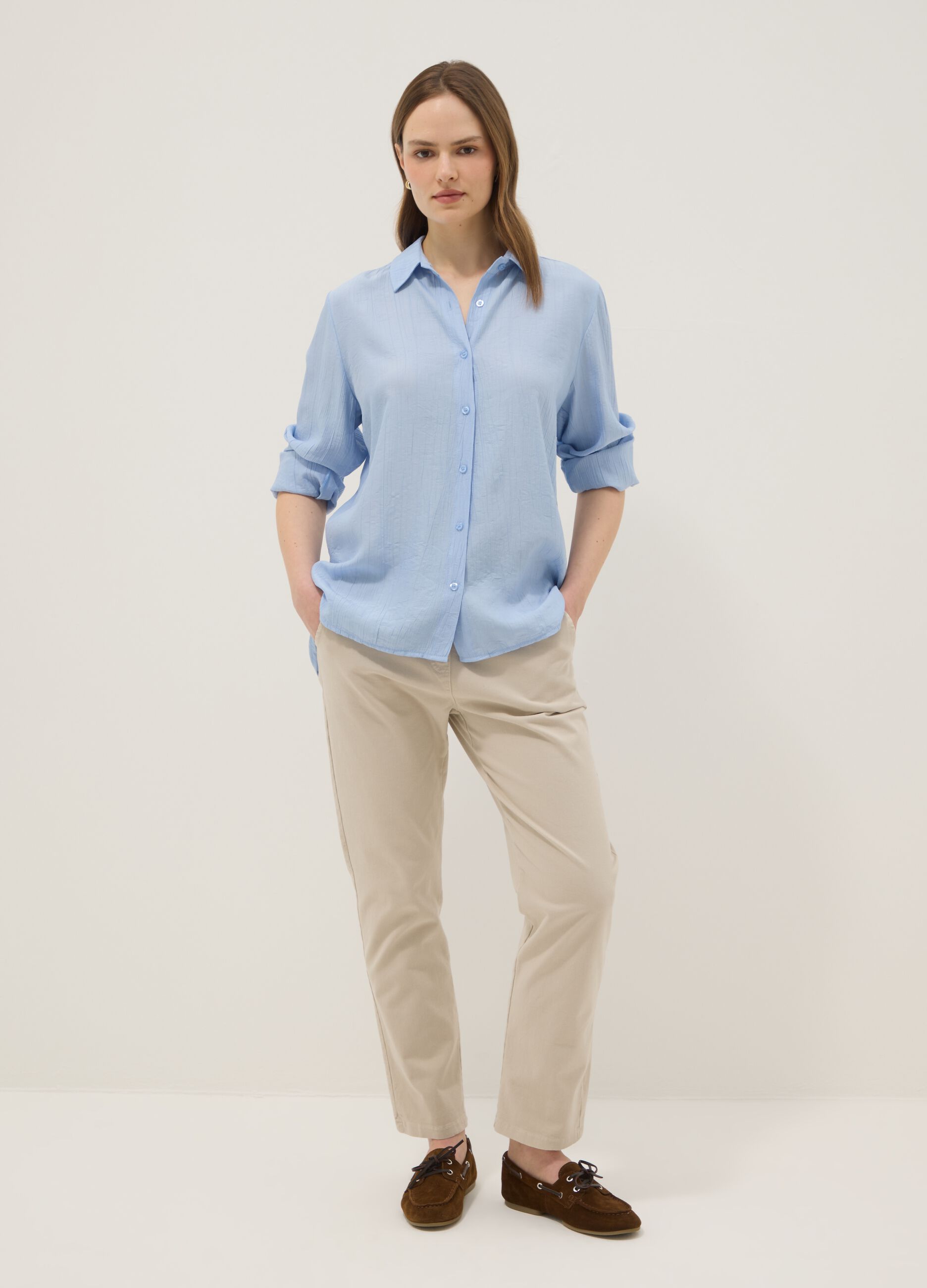 Light blue viscose-blend regular-fit shirt with crinkled texture