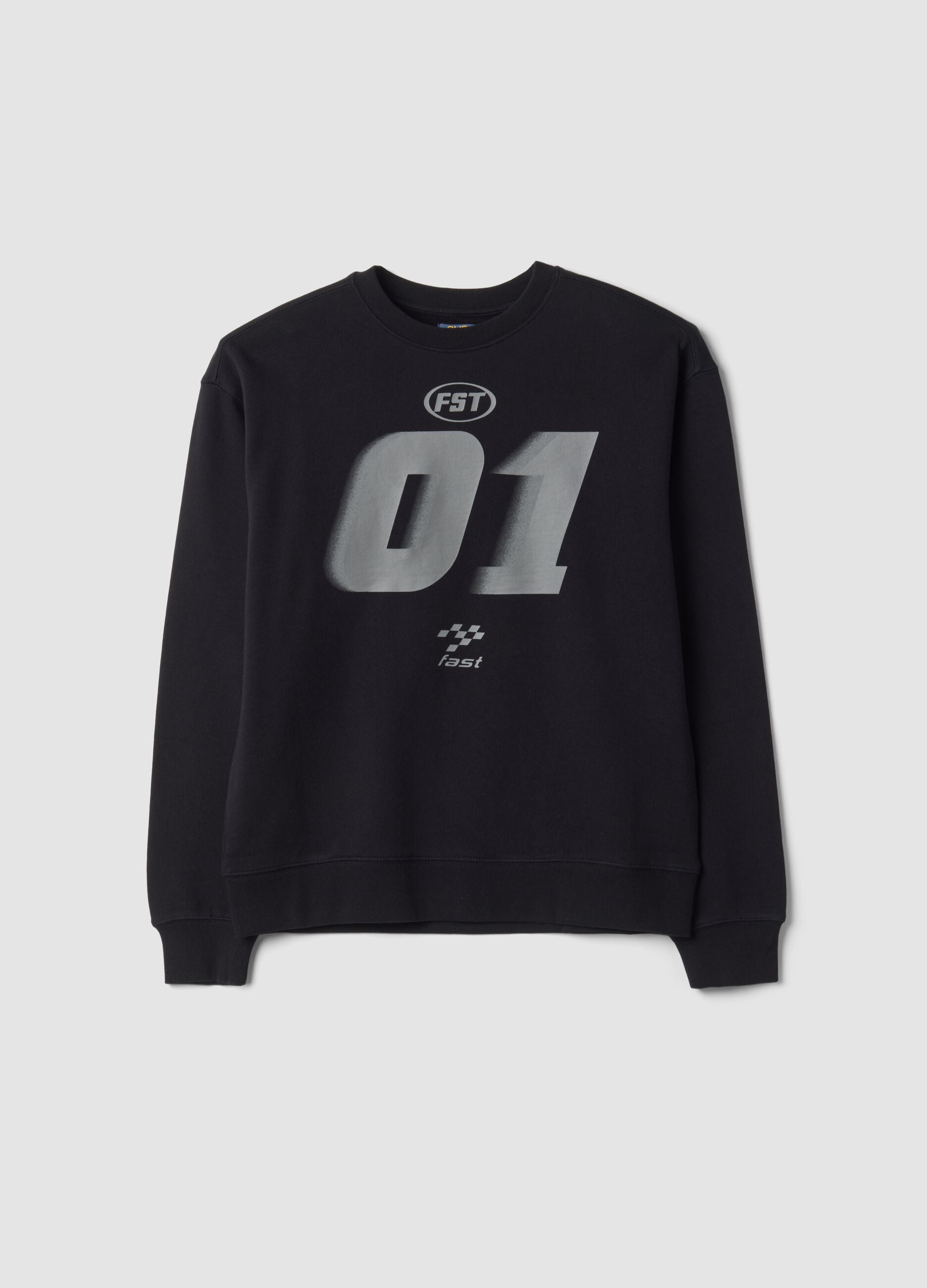 Felpa nera girocollo in puro cotone organico a tema racing relaxed fit