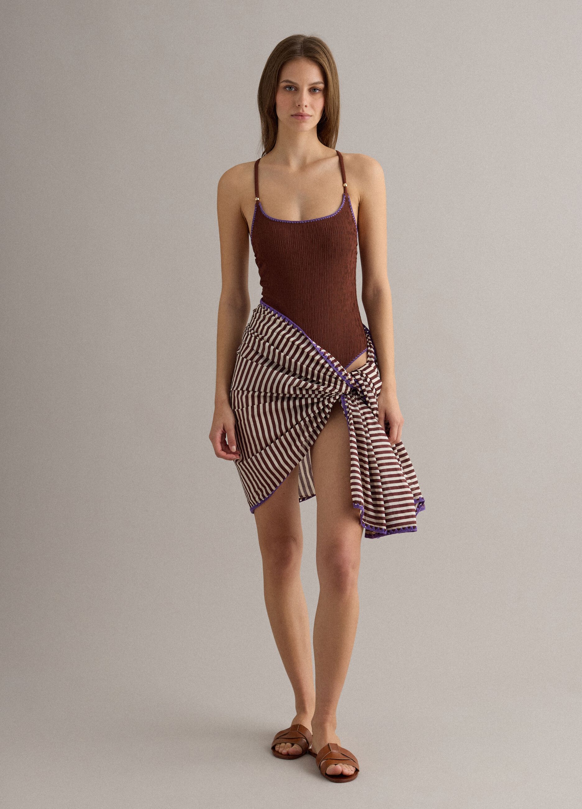 Brown ribbed stretch fabric swimsuit