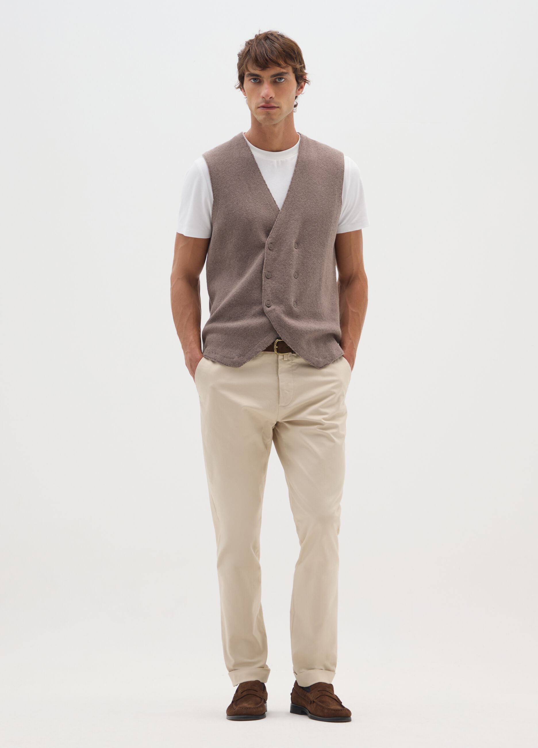 Gilet marrone chiaro in misto cotone e lana