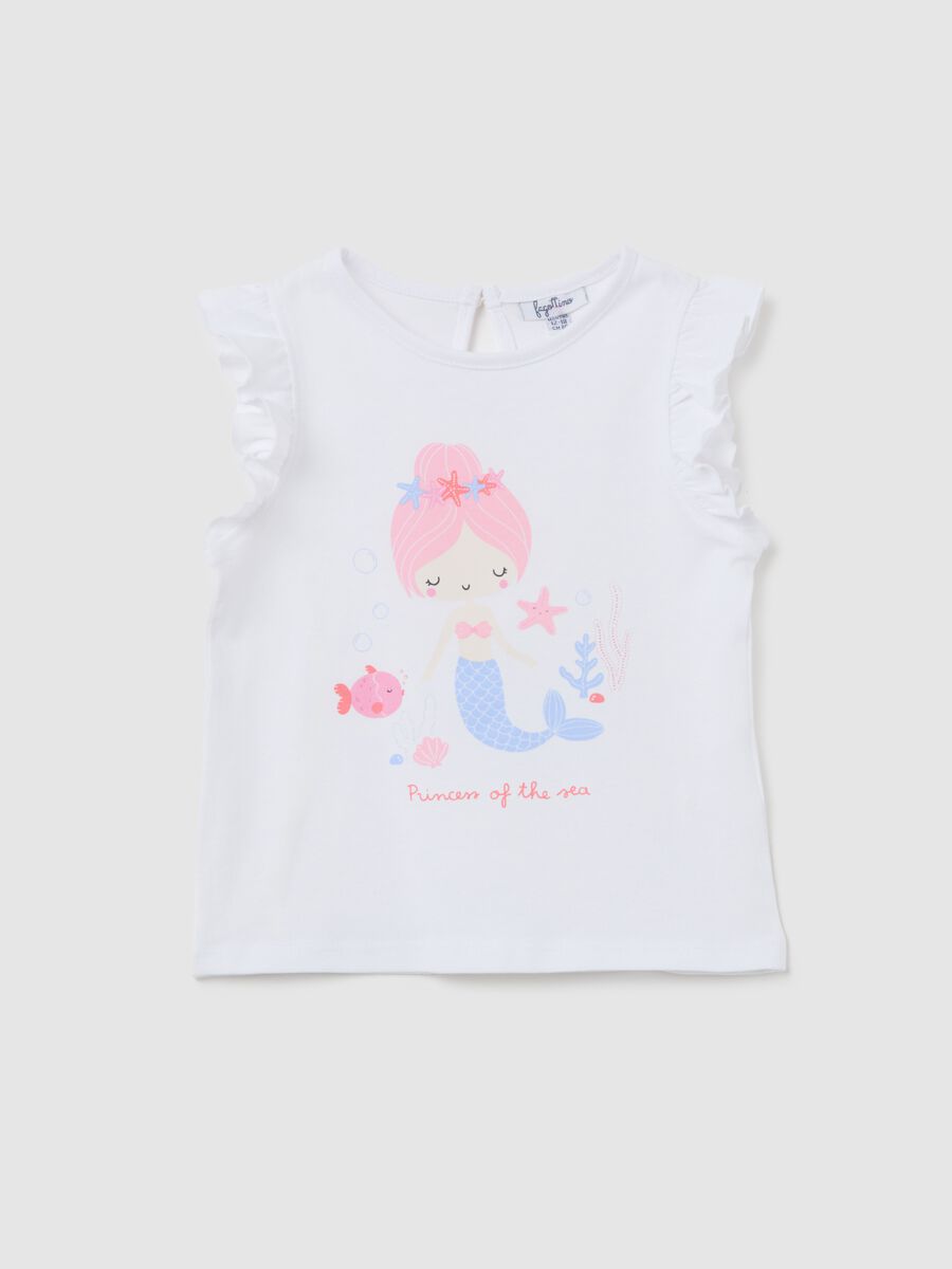 White tank top in cotton with print and flounce_0