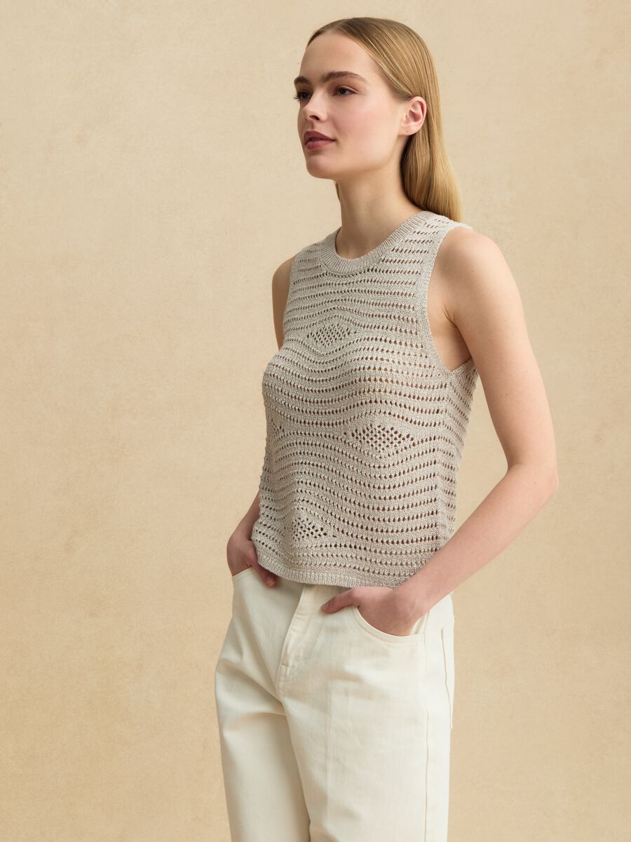 Canotta beige in misto viscosa traforata_0