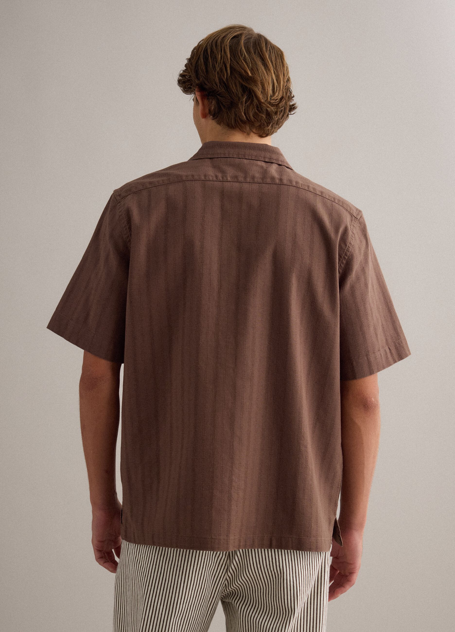 Brown pure cotton regular-fit striped shirt with chest pocket