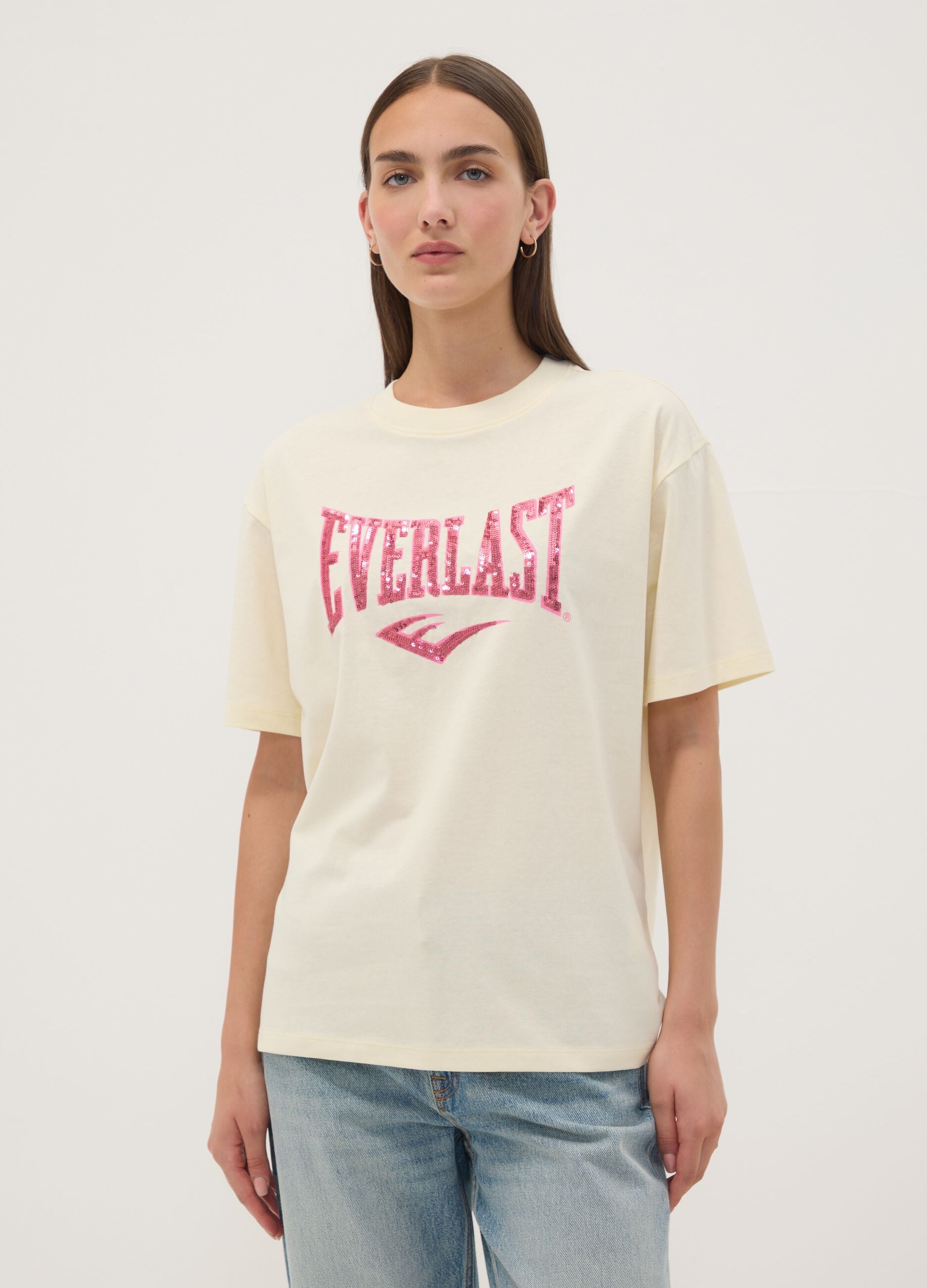 White pure cotton T-shirt with front print, regular fit