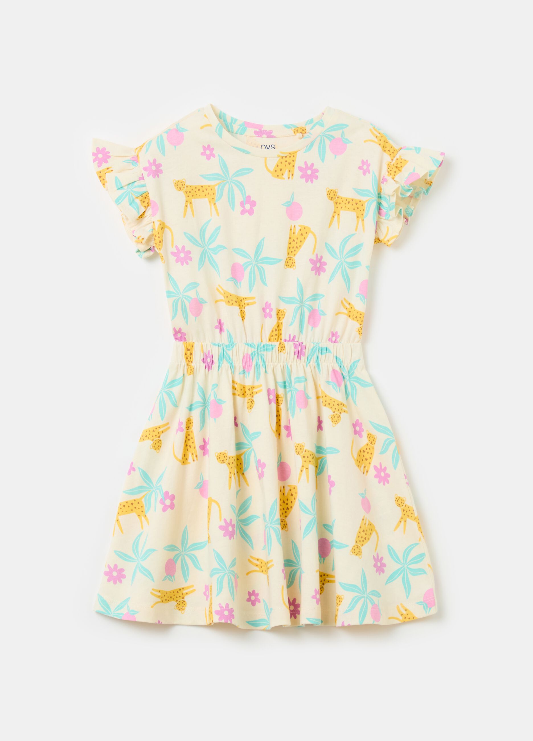 Cotton dress with frills and print