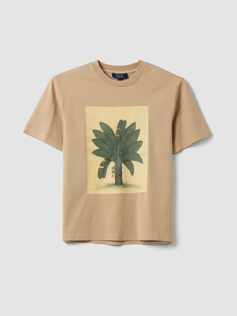 T-shirt beige in puro cotone con stampa frontale_0