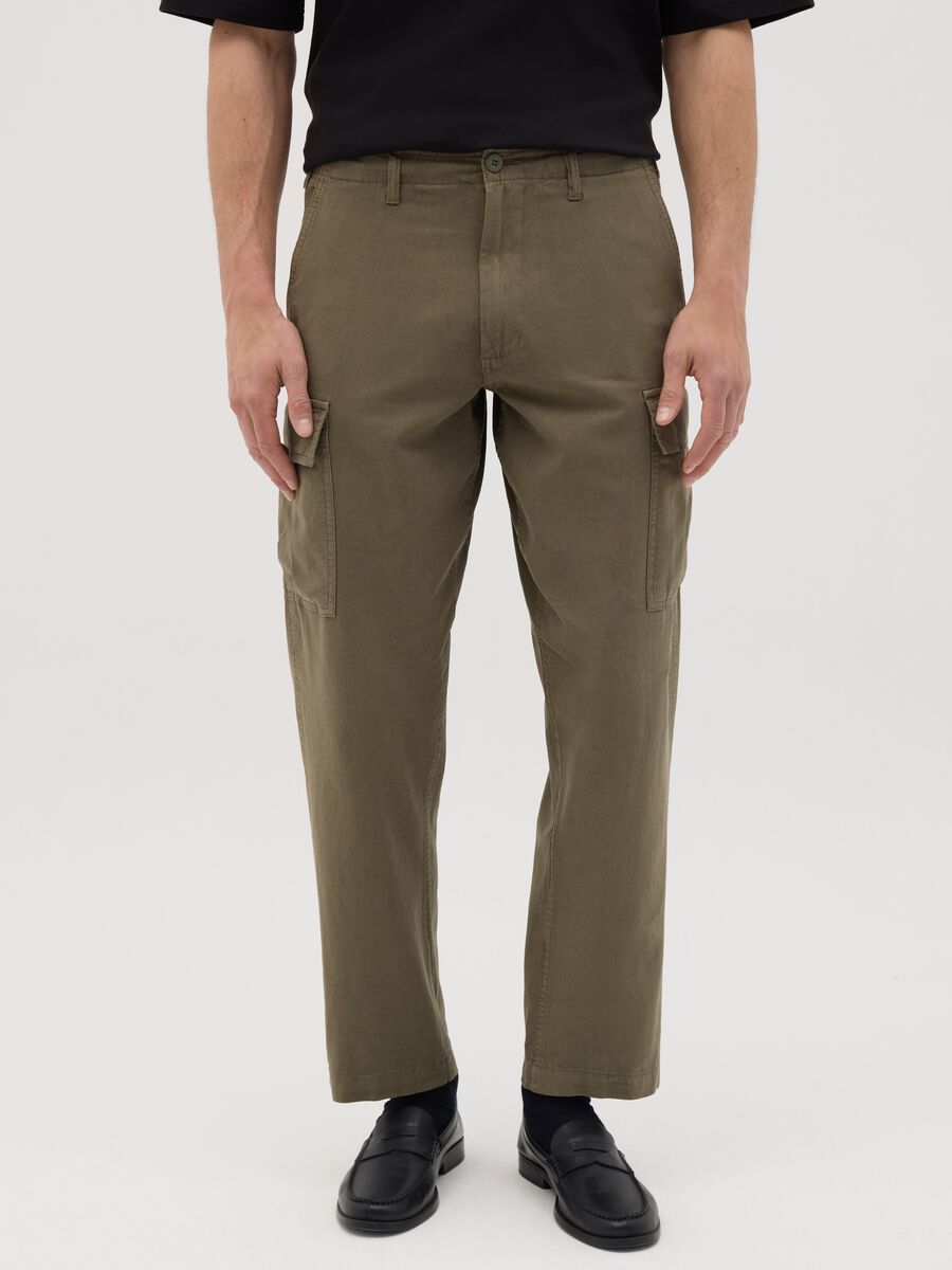 OVS Green Linen and Cotton Cargo Trousers_1